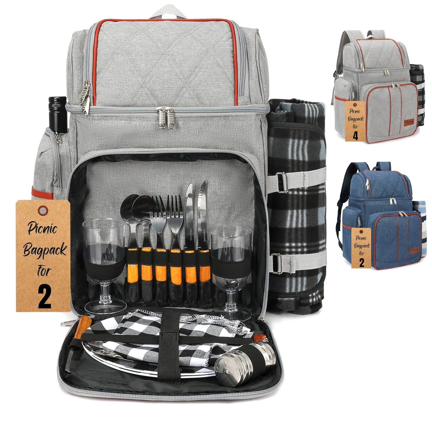 Gray Insulated Picnic Backpack with Blanket and Cutlery Set