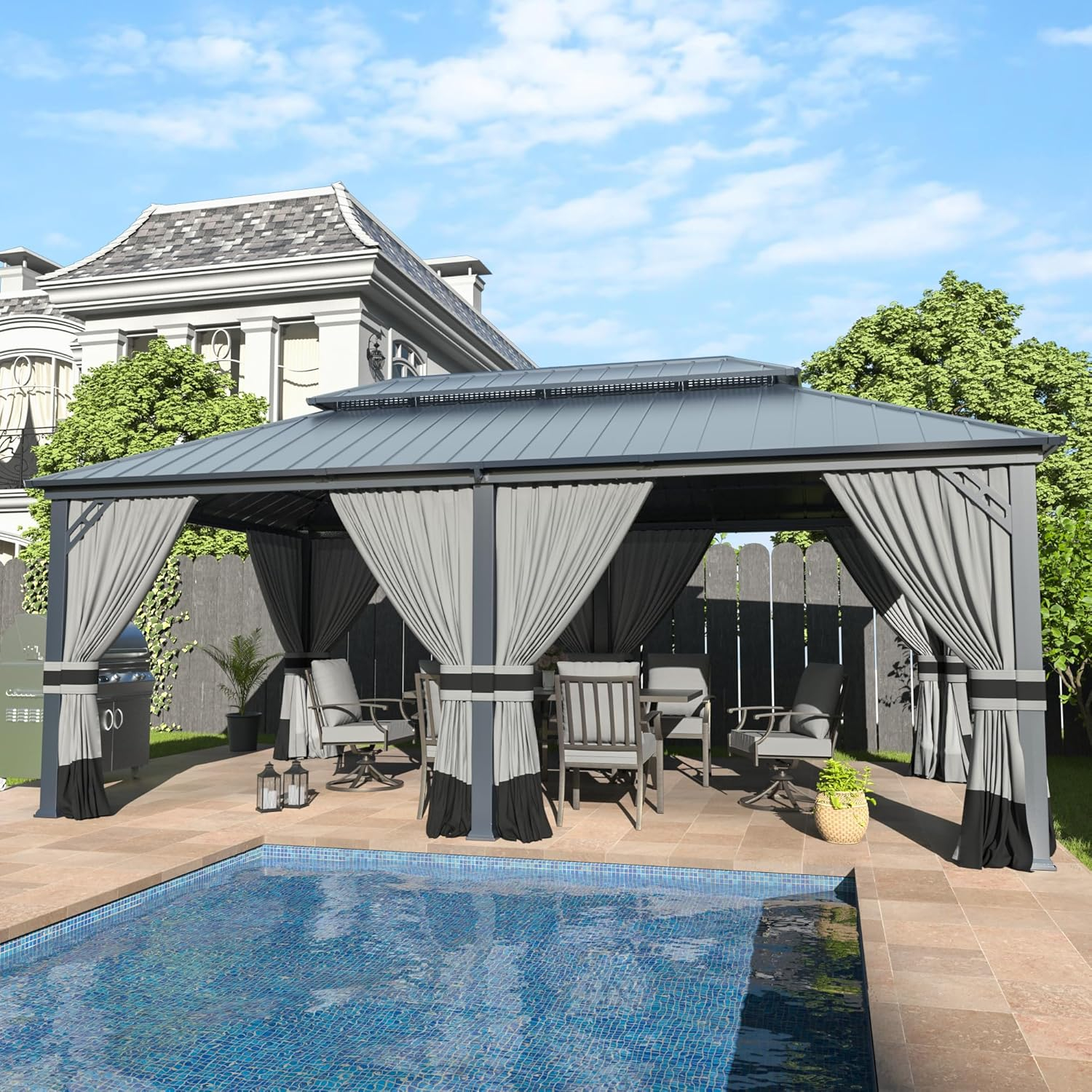Aoxun 12x20 Hardtop Gazebo, Outdoor Galvanized Steel Double Roof Canopy with Netting and Curtains for Garden, Patio, Lawns, Gray