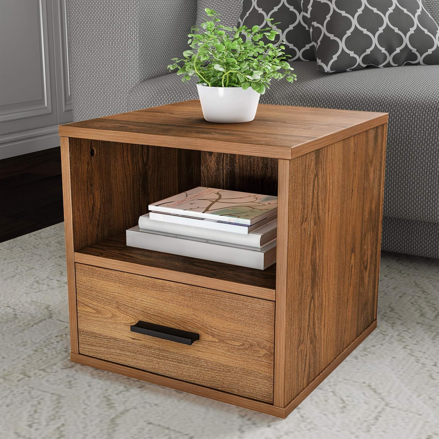 Lavish Home Modern Stackable Modular Cube End Table with Drawer (Brown)