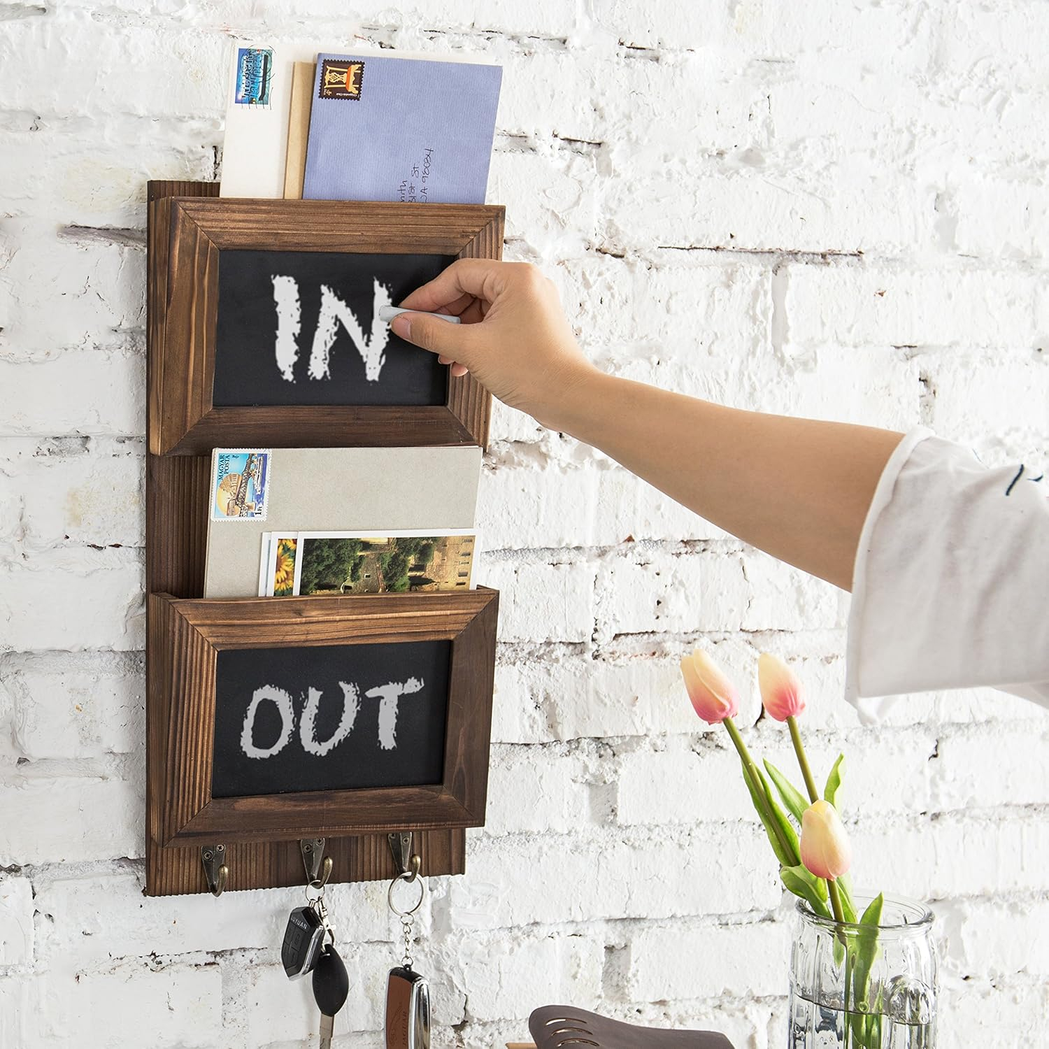 MyGift Rustic Wood Wall-Mounted 2-Slot Mail Sorter Organizer with Chalkboard Surface and 3 Key Hook Rack