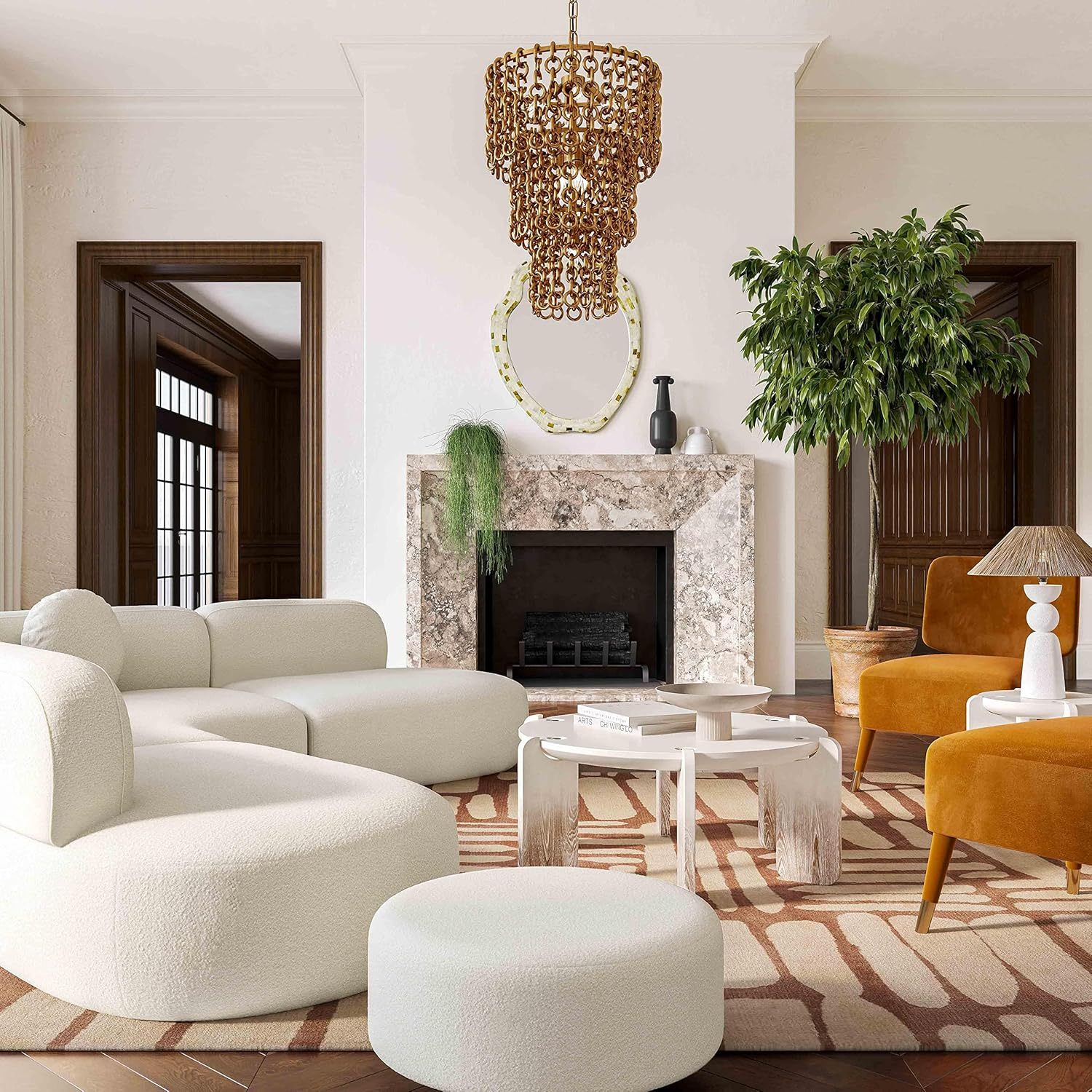 Cream Herringbone Four Piece Sectional with Ottoman