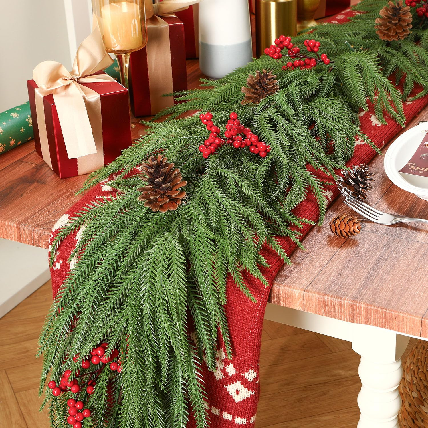 9ft Artificial Christmas Garland, Real Touch Norfolk Pine Garland- Winter Pine Garland, Greenery Christmas Garland for Mantle, Table, Fireplace, Indoor, Outdoor Christmas Decorations
