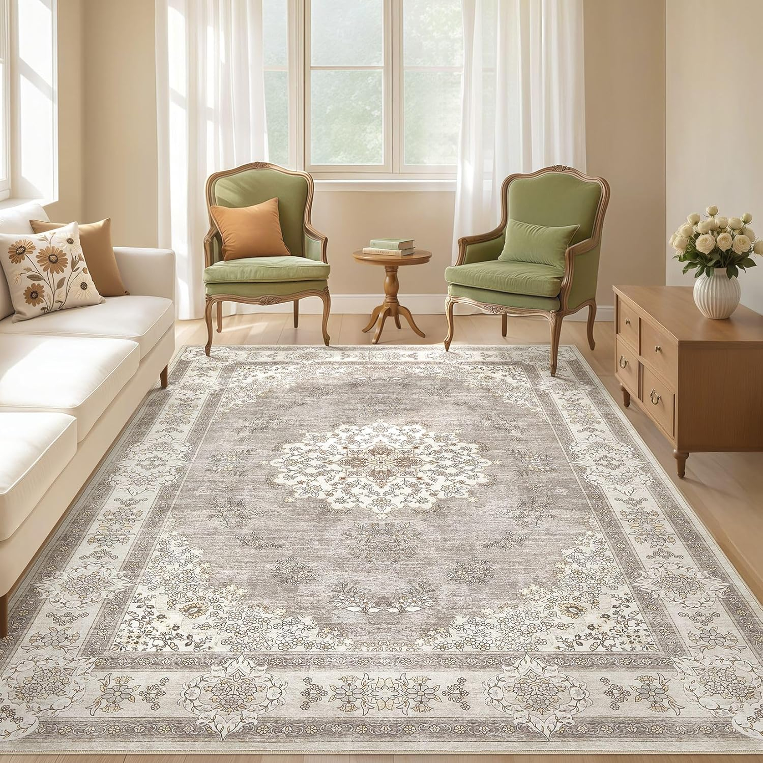 Nakagishi 2X3 Rug Washable Area Rug: Small Soft Boho Farmhouse Neutral Moroccan Non Slip Indoor Low Pile Accent Floor Throw Carpet for Bedroom Bathroom Entryway Kitchen Hallway Closet Home- Brown