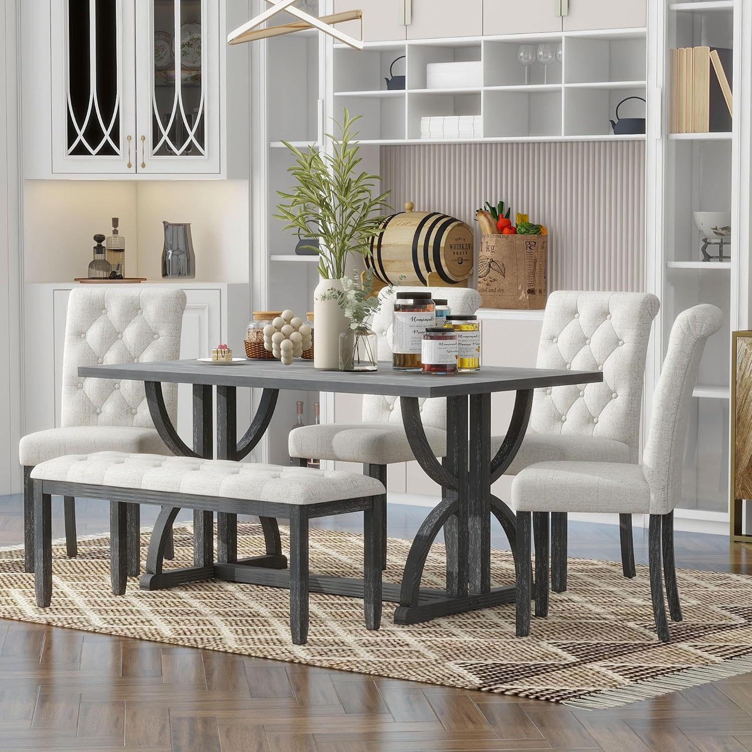 6-Piece Retro Dining Table Set, Rubber Wood Rectangular Table with Unique Legs and 4 Upholstered Chairs & 1 Bench for Dining Room and Kitchen (Gray Wash)
