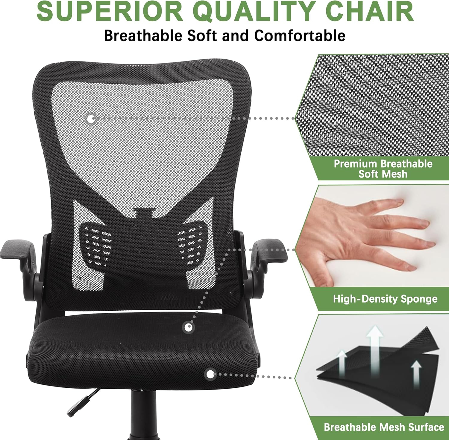 VECELO Mid-Back Mesh Ergonomic Office Chair with Flim-up Armrests, Breathable Lumbar Support, Swivel Wheels, Adjustable Height, for Study/Computer Task/Home Desk Work, Black