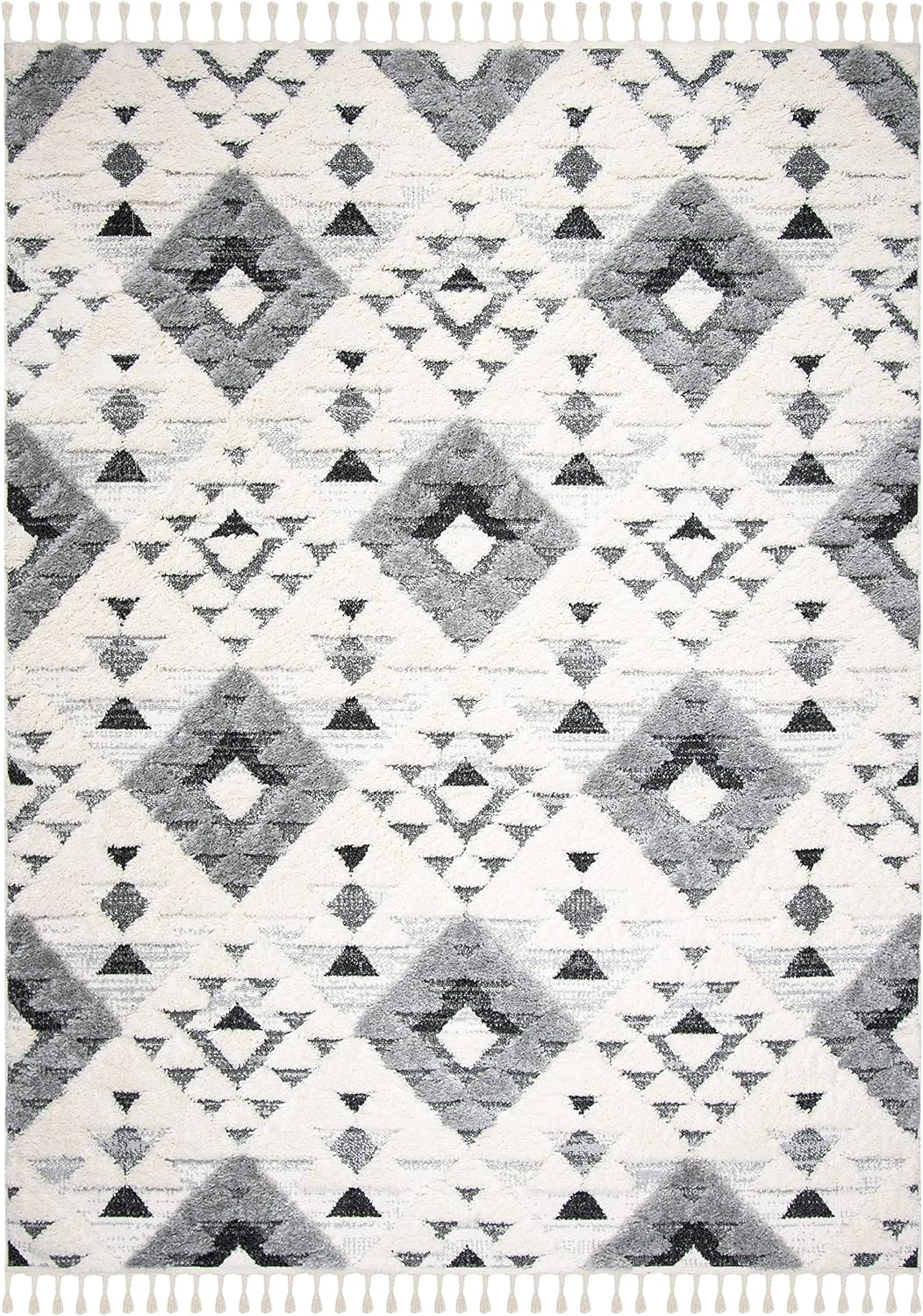 SAFAVIEH Moroccan Tassel Shag Collection X-Large Area Rug - 11' x 15', Ivory & Grey, Boho Design, Non-Shedding & Easy Care, 2-inch Thick Ideal for High Traffic Areas in Living Room, Bedroom (MTS688F)