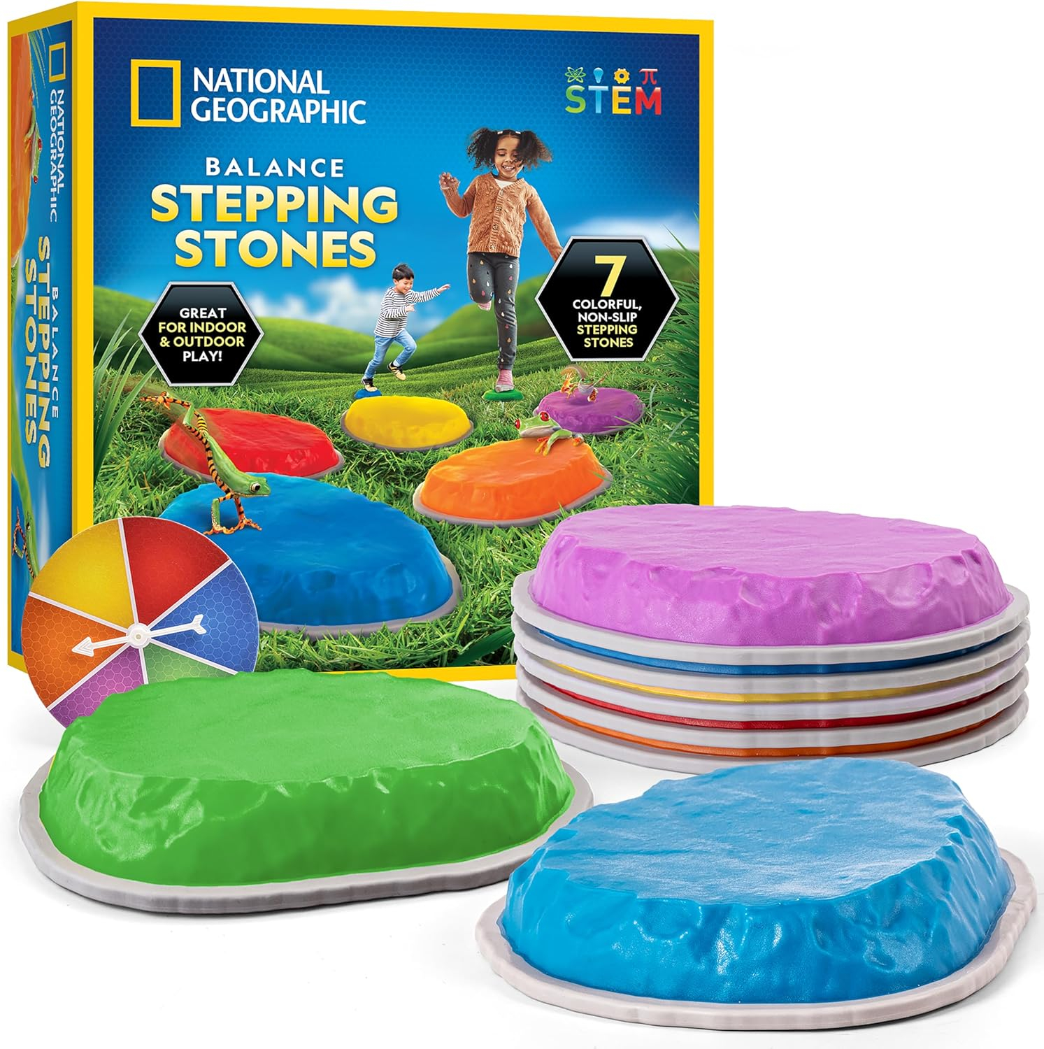 National Geographic Balance Stepping Stones for Indoor or Outdoor Play, Includes 7 Non-Slip Stepping Stones, Game Spinner and Instructions