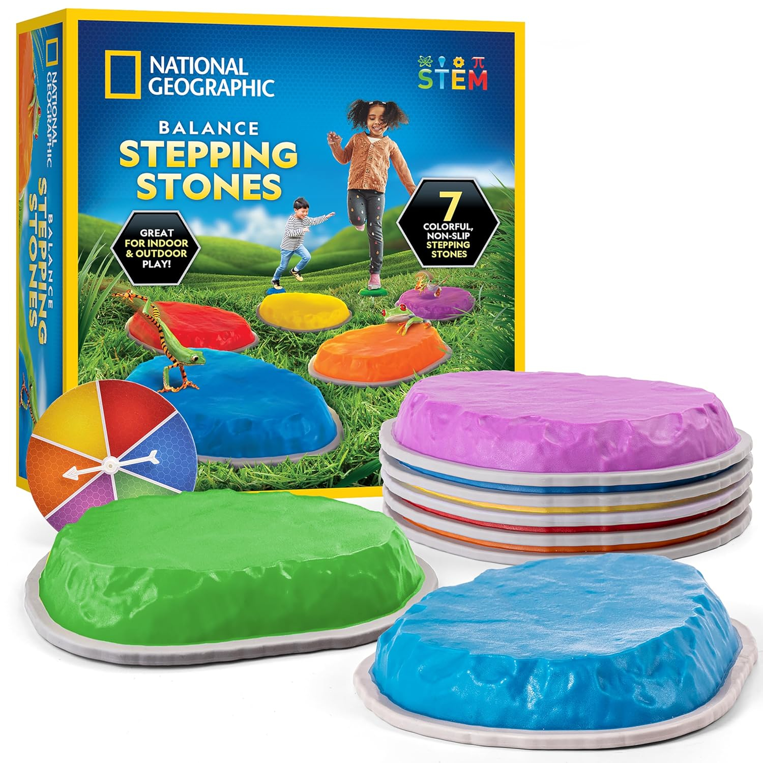 National Geographic Balance Stepping Stones for Indoor or Outdoor Play, Includes 7 Non-Slip Stepping Stones, Game Spinner and Instructions