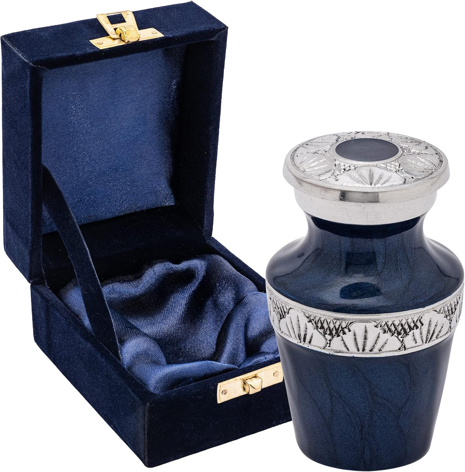 FOVERE – Mini Keepsake Urn for Human Ashes - Small Blue Cremation Urns with Elegant Silver Engraving – Holds a Small Portion of Ashes – 100% Handcrafted Decorative Urns for Human Ashes – Navy Blue