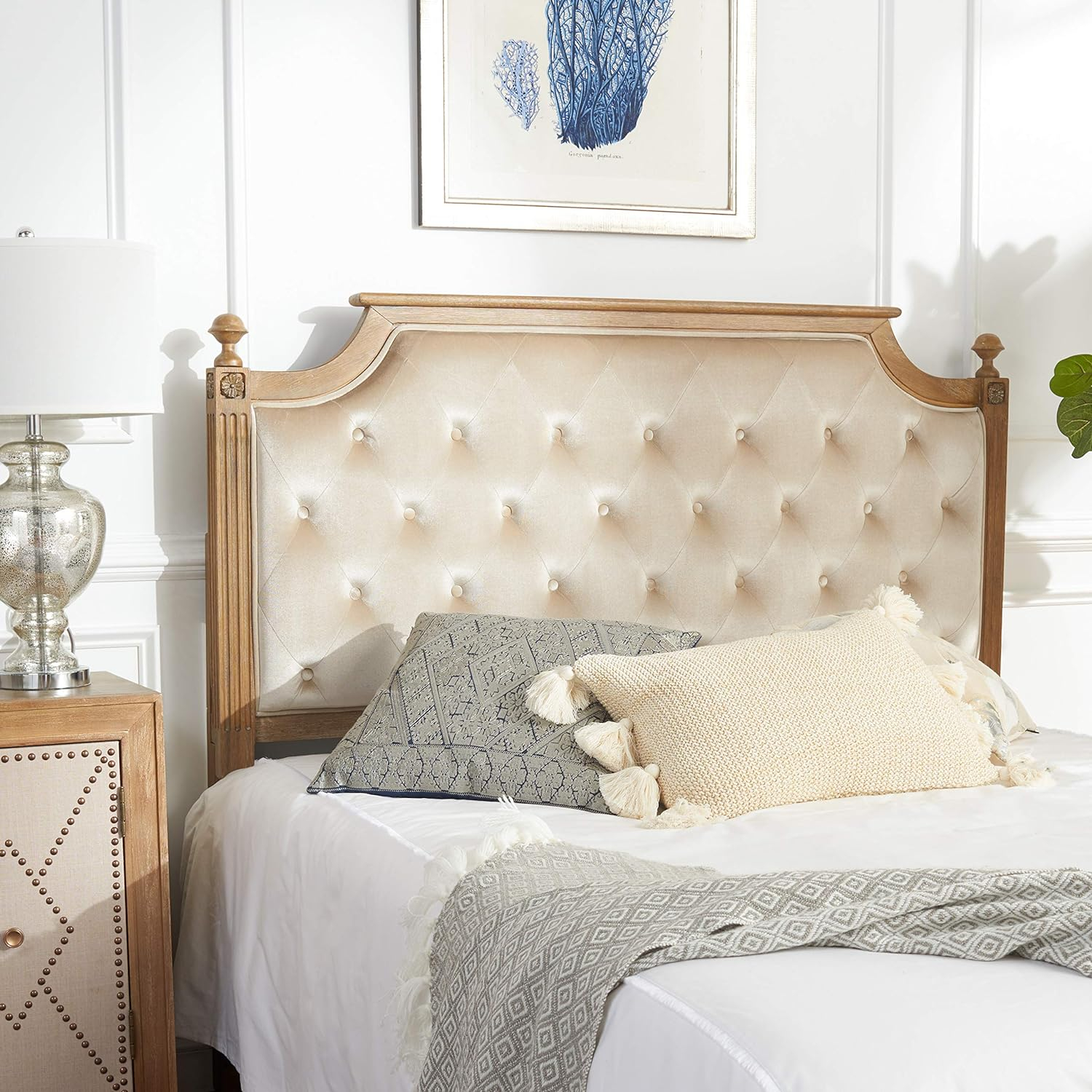 SAFAVIEH Rustic Wood Tufted Upholstered Headboard, Queen, Beige Velvet