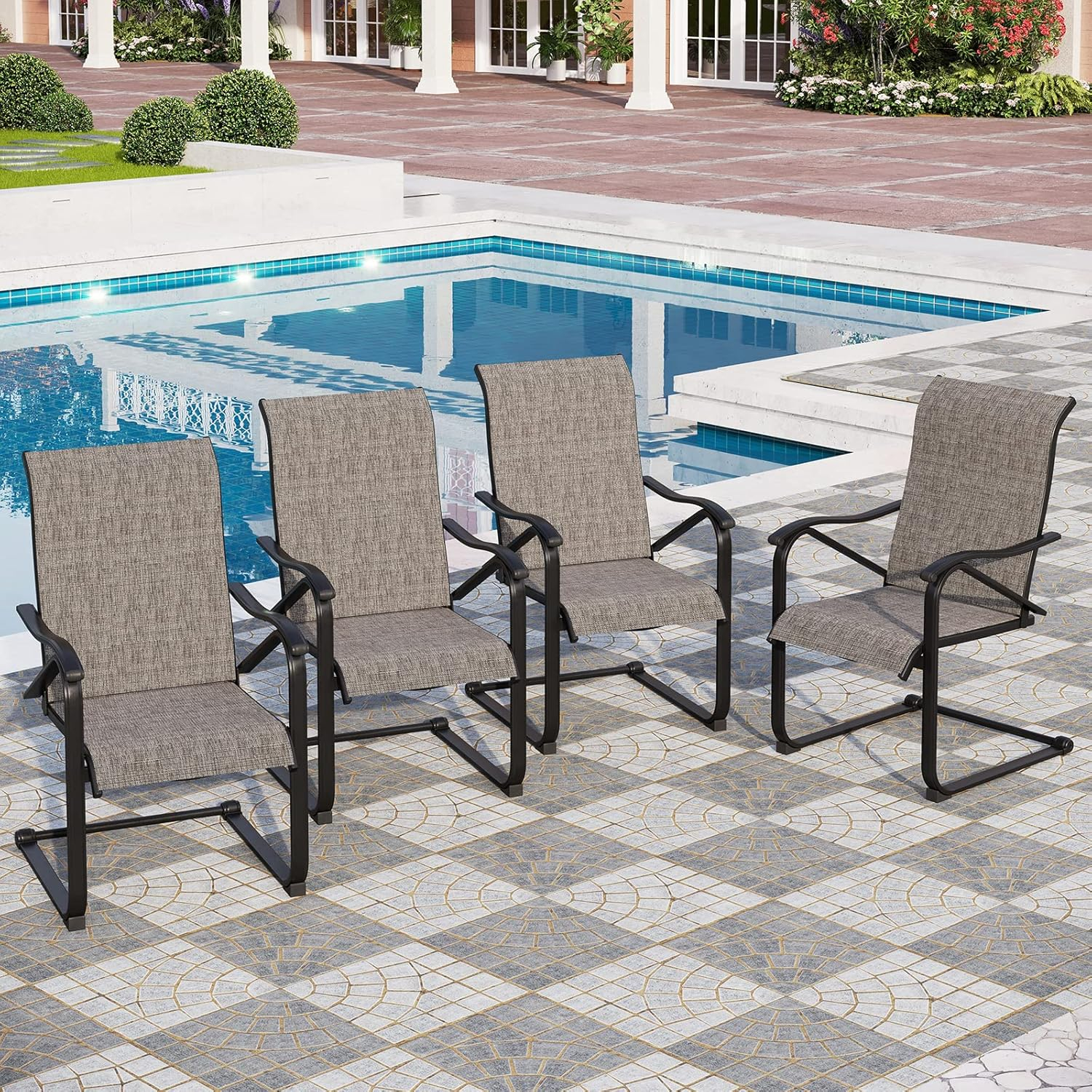 Gray Textilene Fabric High Back Outdoor Dining Chairs with Steel Frame