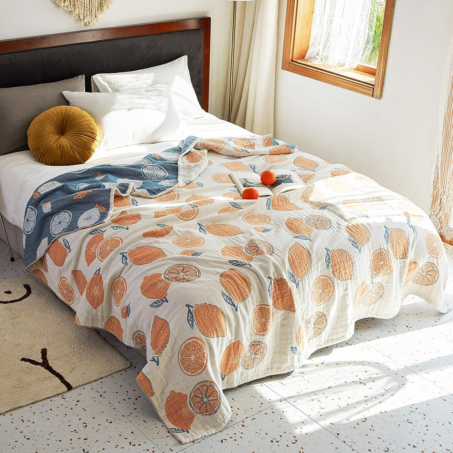 Scientific Sleep Lemon 100% Cotton Muslin Blanket Throw Cover for Bed Couch Sofa Cozy Soft Reversible Bedding Blanket Quilt Bedspread Coverlet Twin 60 in x 80 in