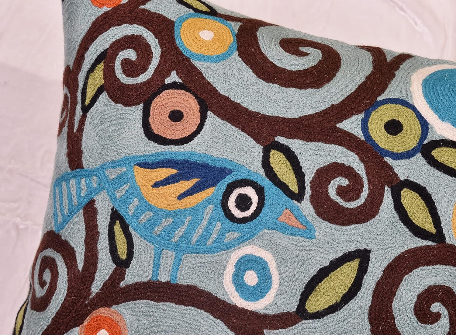 Teal Blue Embroidered Cotton Euro Pillowcase with Birds