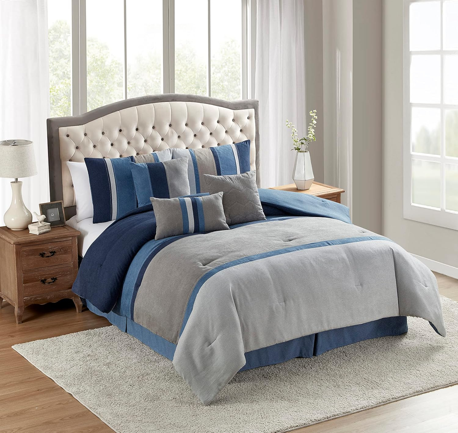 Queen Comforter Set Ultra Soft Faux Suede Fashion Bedding Sets with Shams, Throw Pillows, and Bed Skirt, Queen, Denim