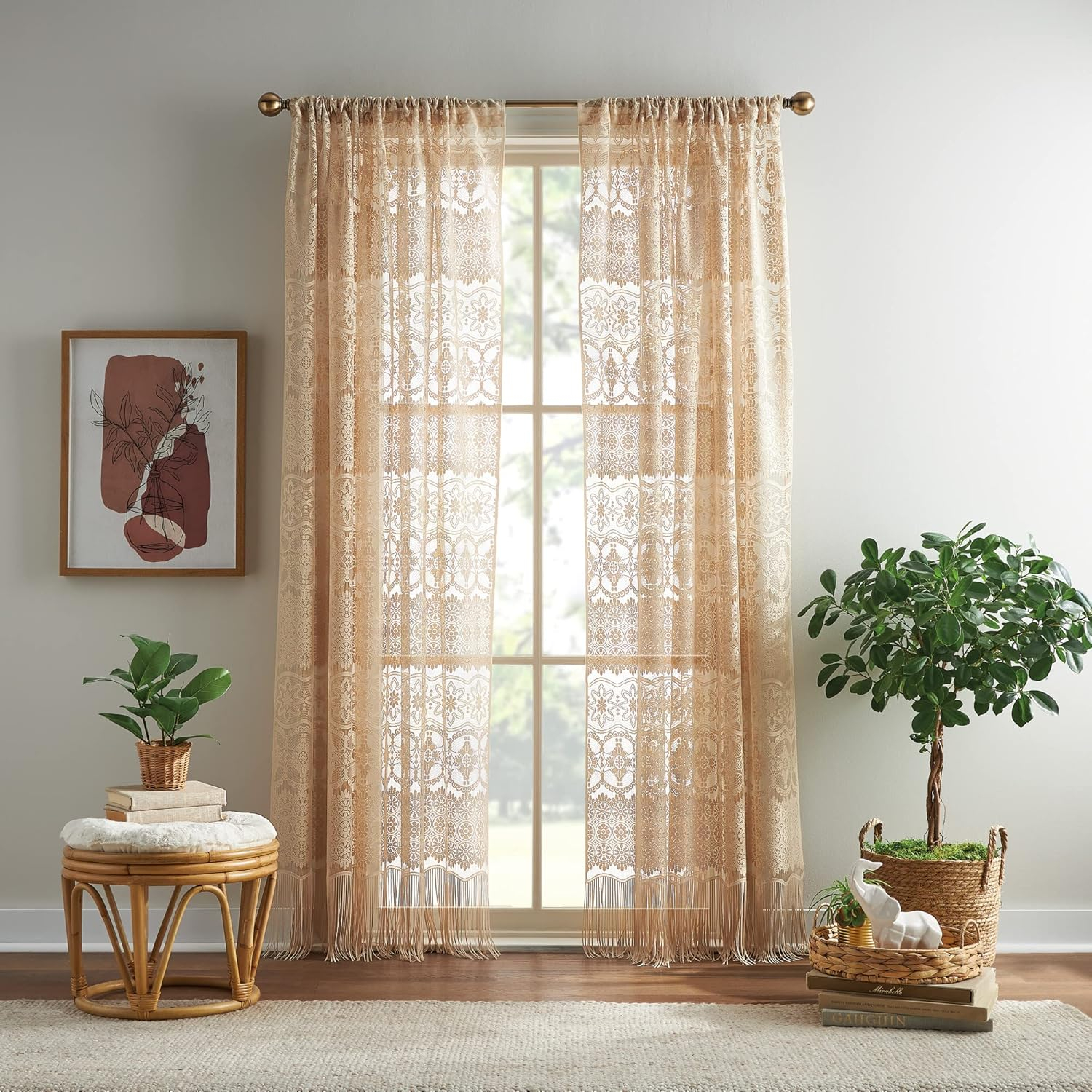 CHF Boho Lace Sheer Single Poletop Panel, Almond, 60" x 84"