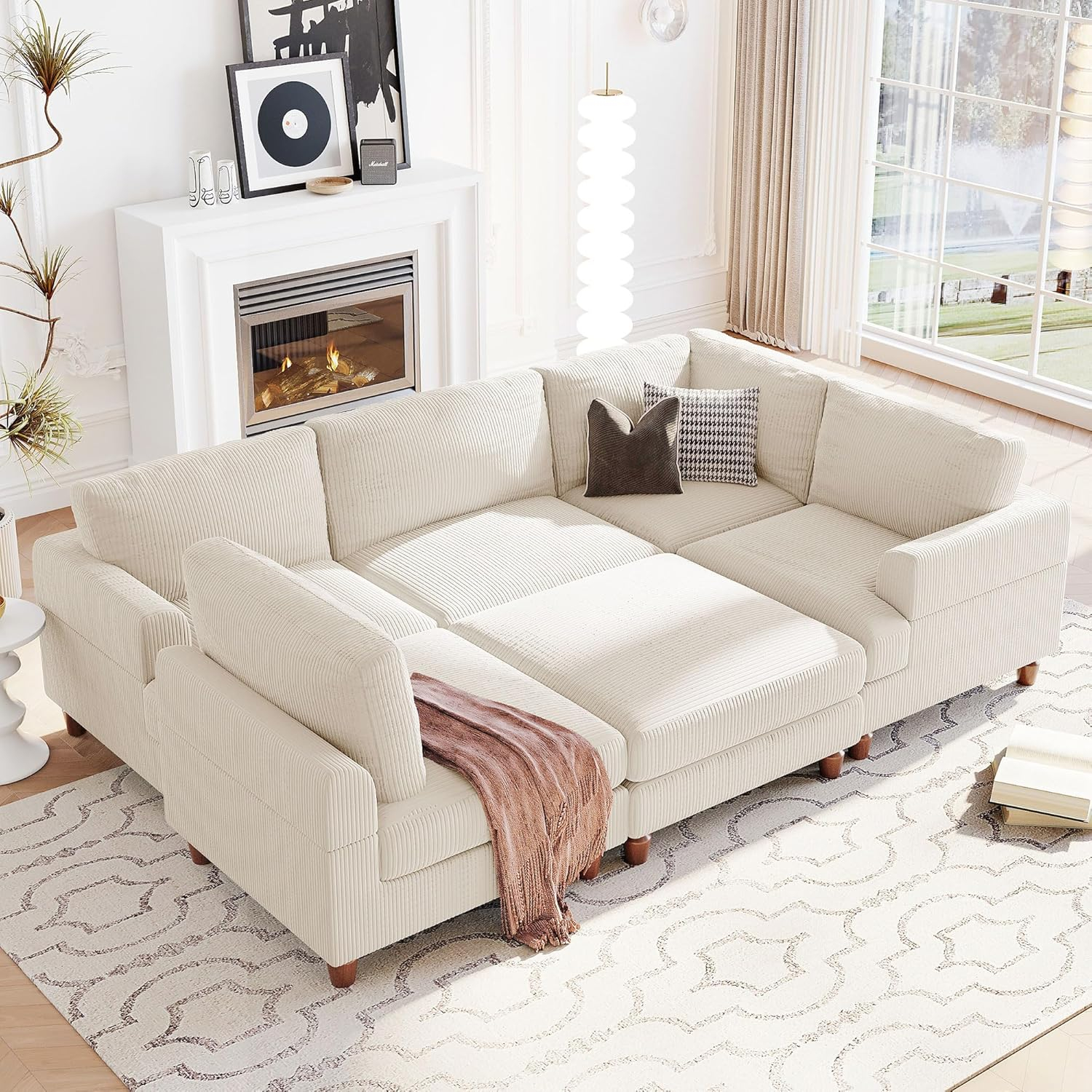 LUMISOL Large Corduroy Fabric Sofa Couch with Ottoman for Living Room, L Shaped Sectional Sofa Couch, 98" L Modular Corner Sectional Sofa for Spacious Space Office, Beige