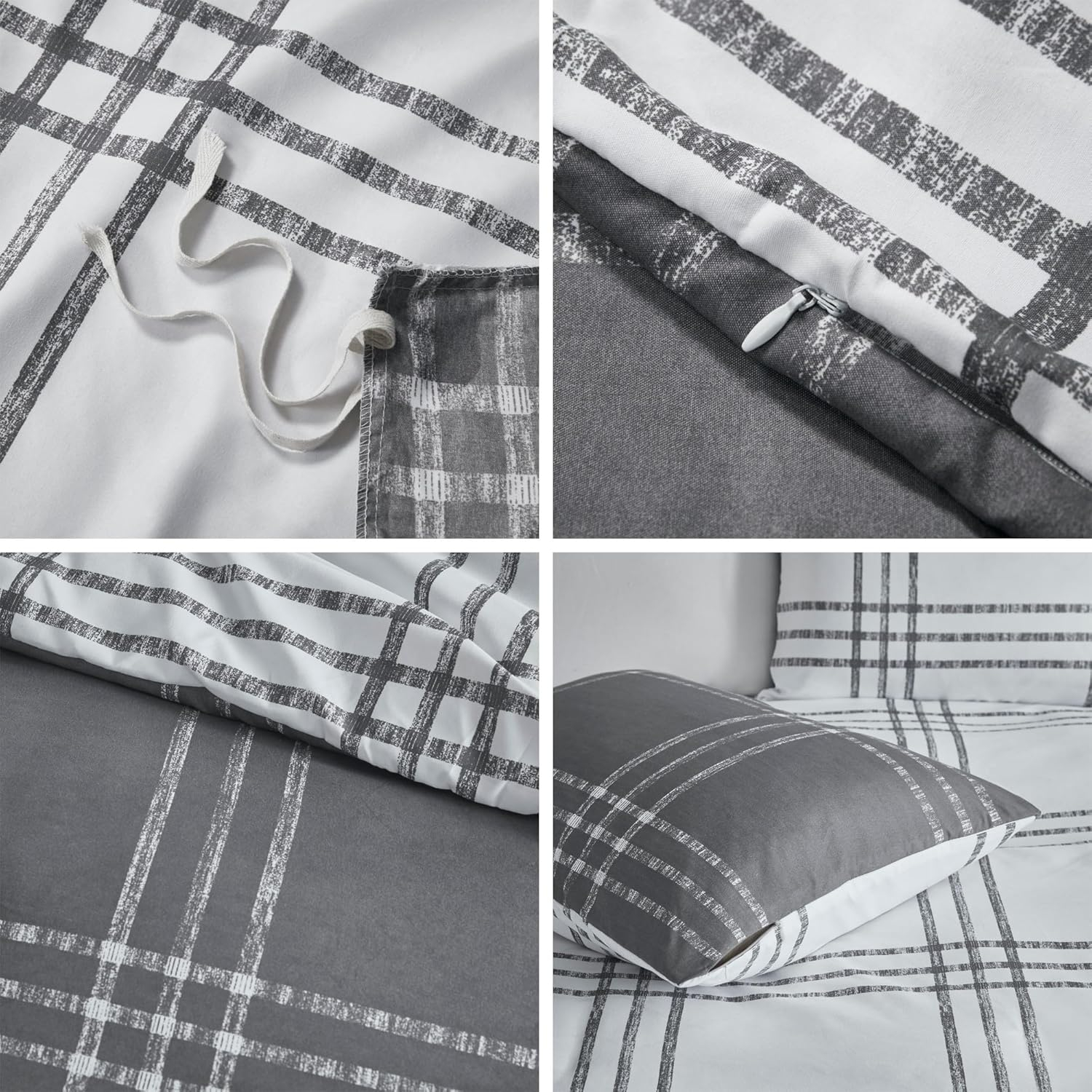 King Gray Microfiber Reversible Plaid Duvet Cover Set