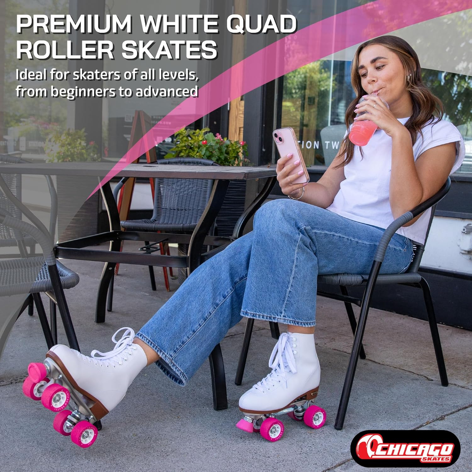 White Leather Quad Roller Skates with Pink Polyurethane Wheels
