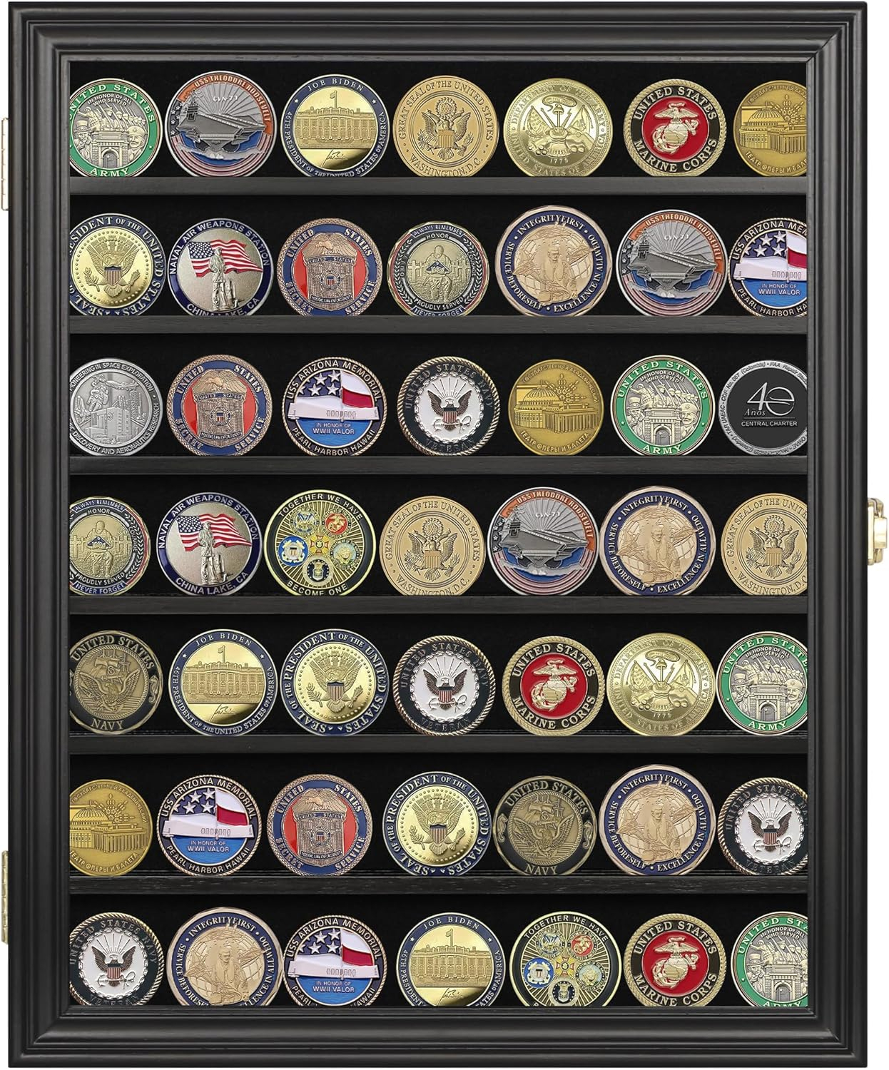 Challenge Coin / Casino Chip Display Case Cabinet Holder Shadow Box, Glass Door, Black (COIN56-BL)