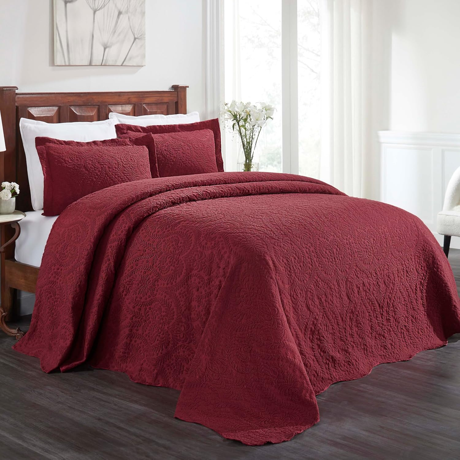 Superior 3 Piece Aspen Cotton Blend Burgundy Bedspread Set, Queen