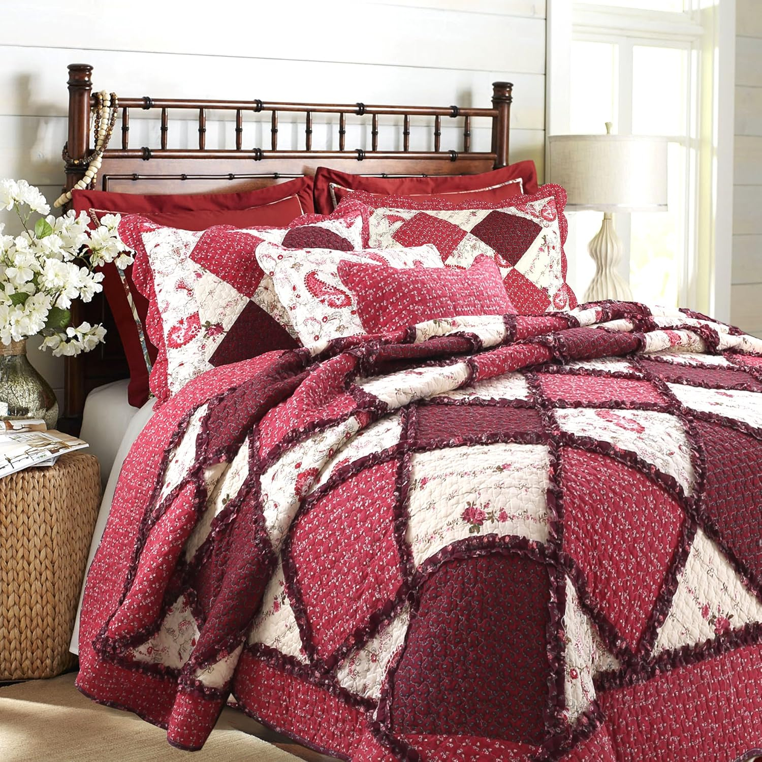 Cozy Line Home Fashions Rich Red Rose Floral Paisley 3-Piece Patchwork Ruffle Scalloped Vintage Farmhouse Cotton Reversible Queen Quilt Bedding Set