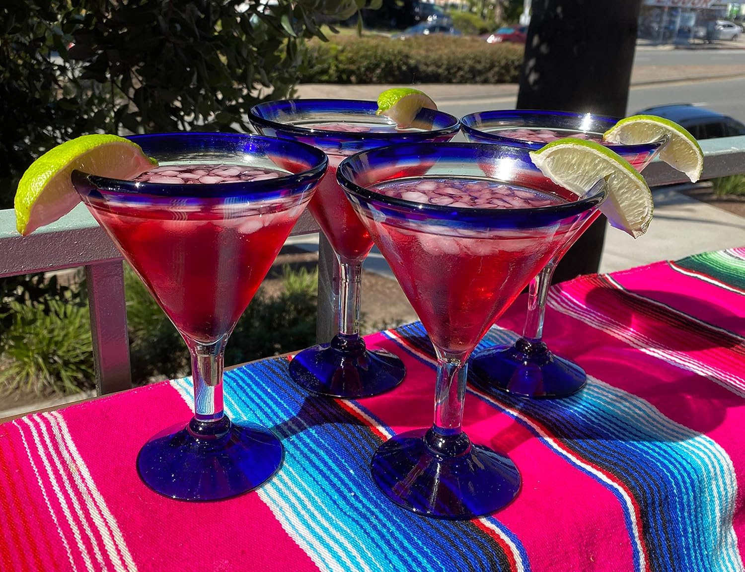 Mexican Hand Blown Glass – Set of 4 Hand Blown Modern Margarita Glasses - Blue Rim (12 oz)