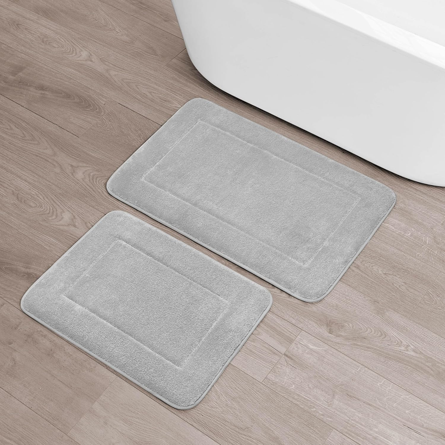 Terry Bath Mats, Set of 2 Memory Foam Bath Rugs, Non-Slip, 100% Polyester, Premium Bathroom Decor, Machine Washable, Measures 17 in. x 24 in. / 20 in. x 32 in., Light Gray