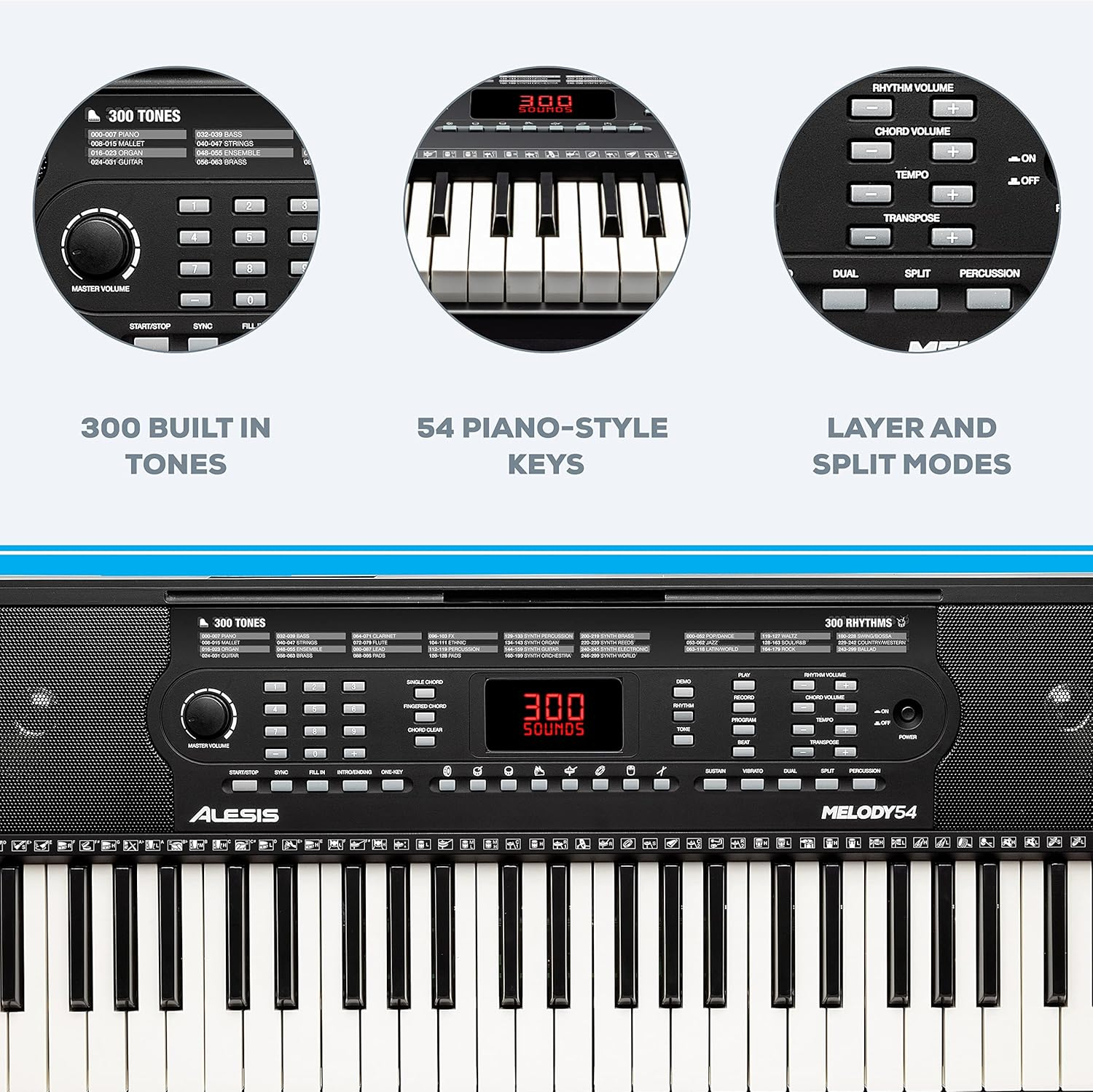 Alesis Melody 54 - Electric Keyboard Digital Piano with 54 Keys, Speakers, 300 Sounds, 300 Rhythms, 40 Songs, Microphone and Piano Lessons