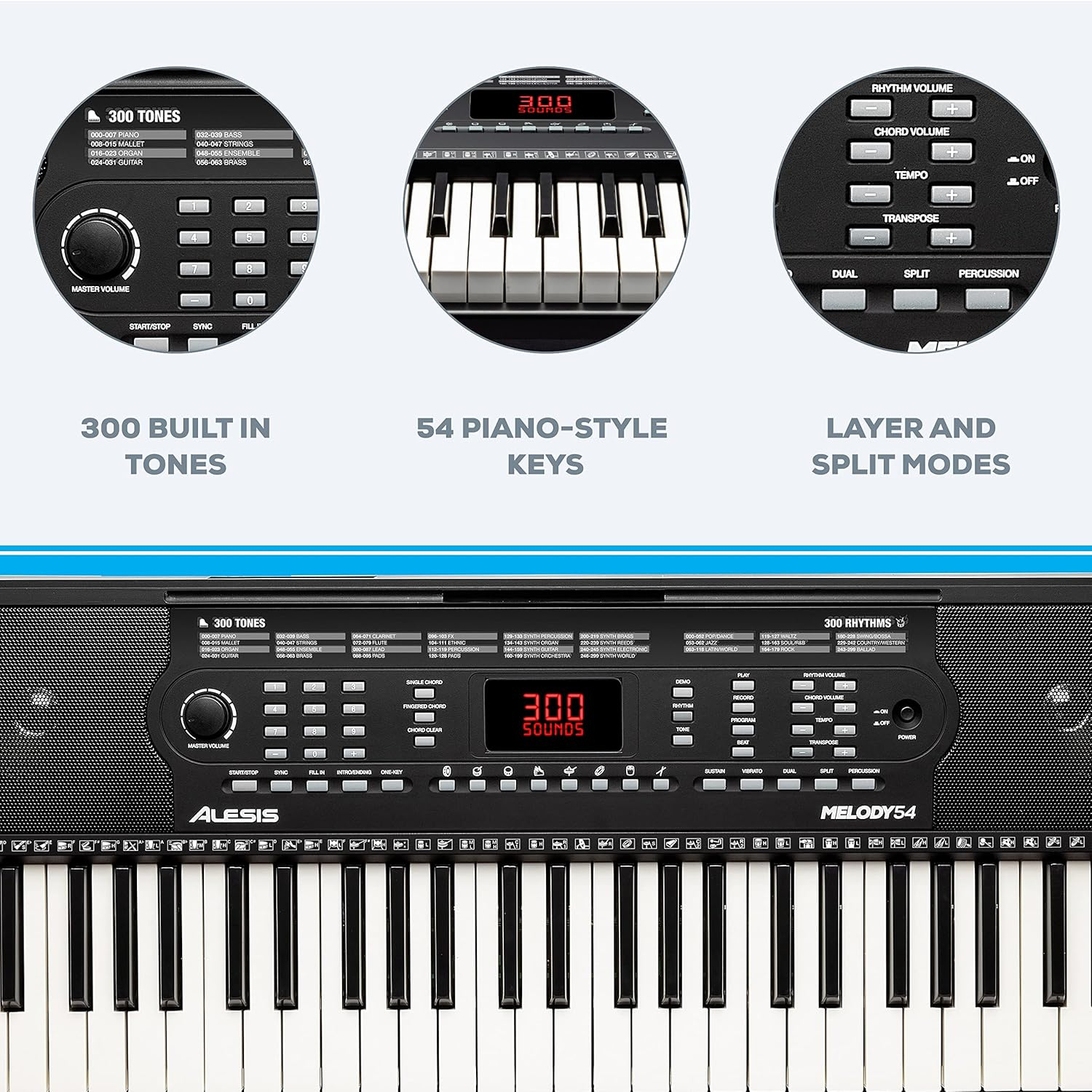 Alesis Melody 54 - Electric Keyboard Digital Piano with 54 Keys, Speakers, 300 Sounds, 300 Rhythms, 40 Songs, Microphone and Piano Lessons