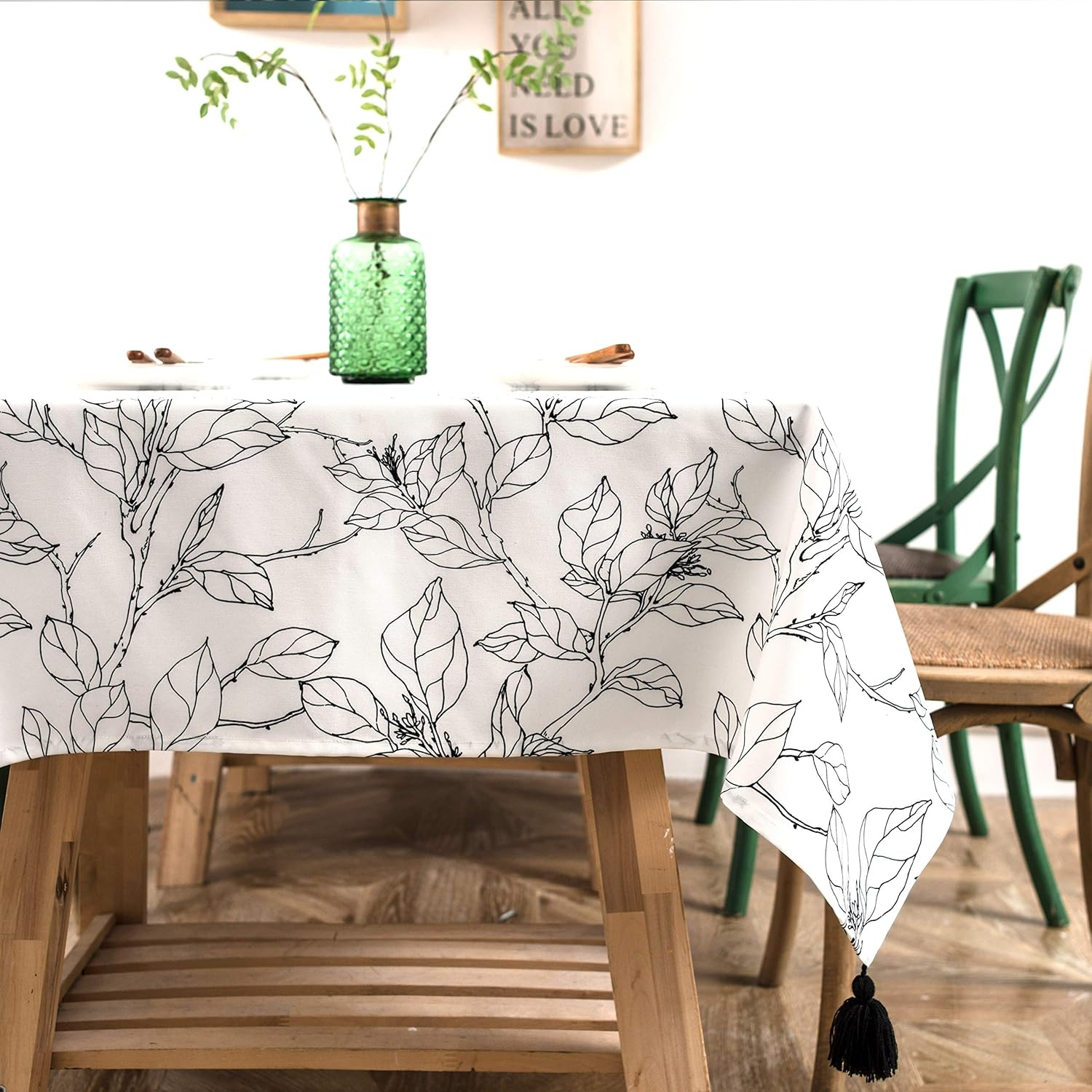 Elegant Black and White Polyester Rectangular Table Cloth with Tassels