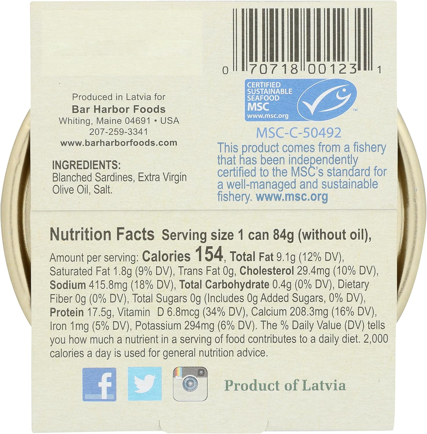 Bar Harbor Wild Petite Sardines in Extra Virgin Olive Oil, 4.2 oz (120 g)