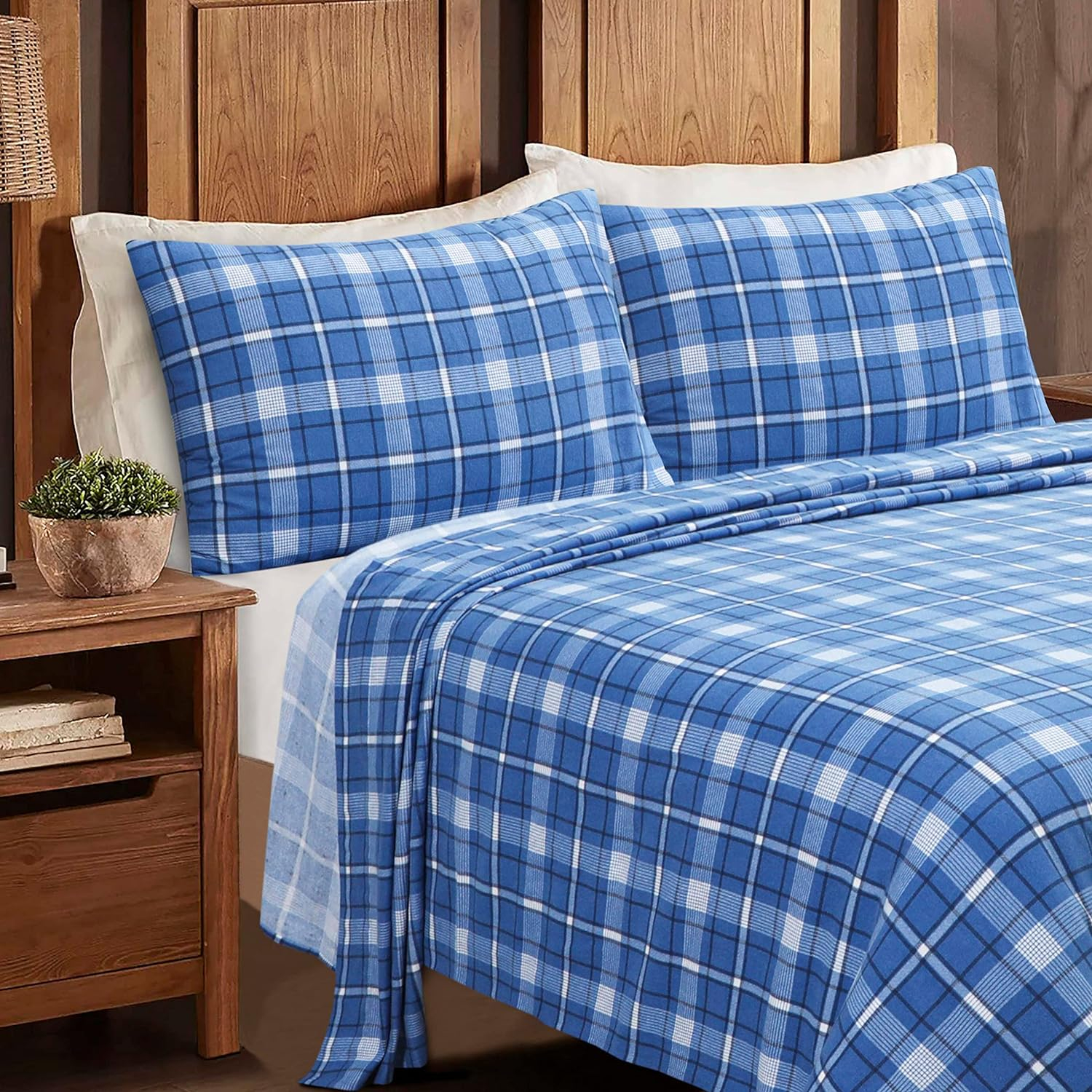 Queen Dark Blue Plaid Cotton Flannel Sheet Set
