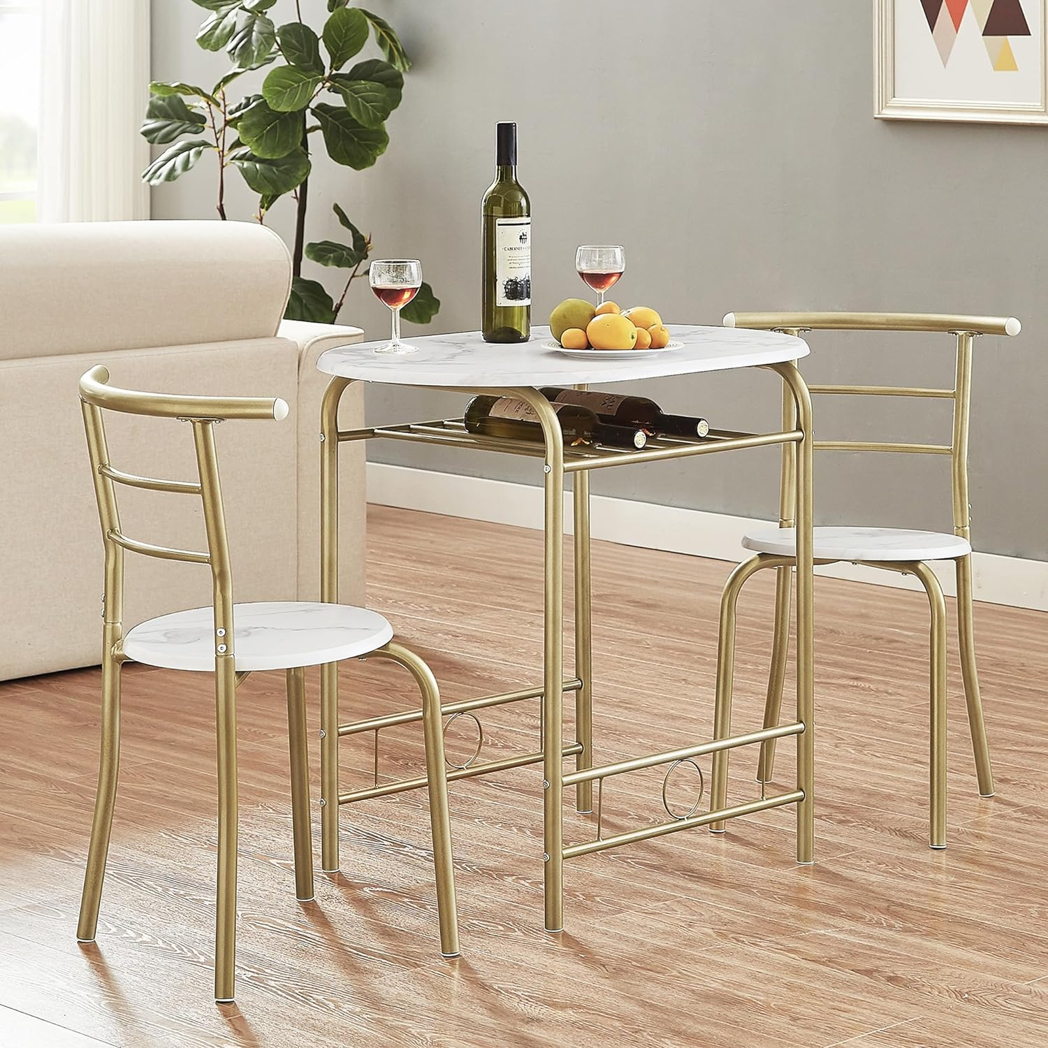 VECELO 3-Piece Dining Table Set for Kitchen Breakfast Nook, Wood Grain Oval Tabletop and Metal Frame with Built-in Wine Rack, for Small Spaces, 31.5", White & Gold