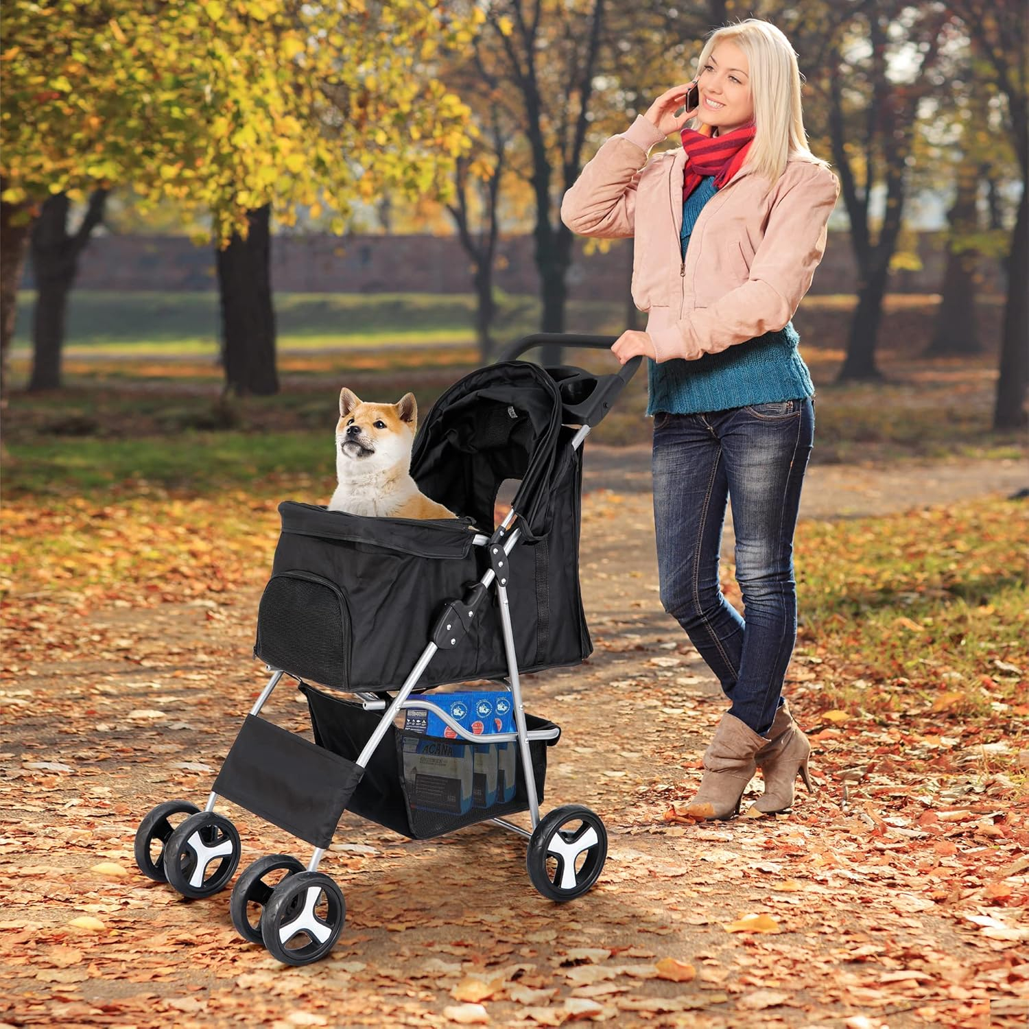 4 Wheels Pet Stroller Dog Cat Stroller for Small Medium Dog Cats Foldable Carrier Jogger Travel Puppy with Storage Basket and Cup Holder (Black)