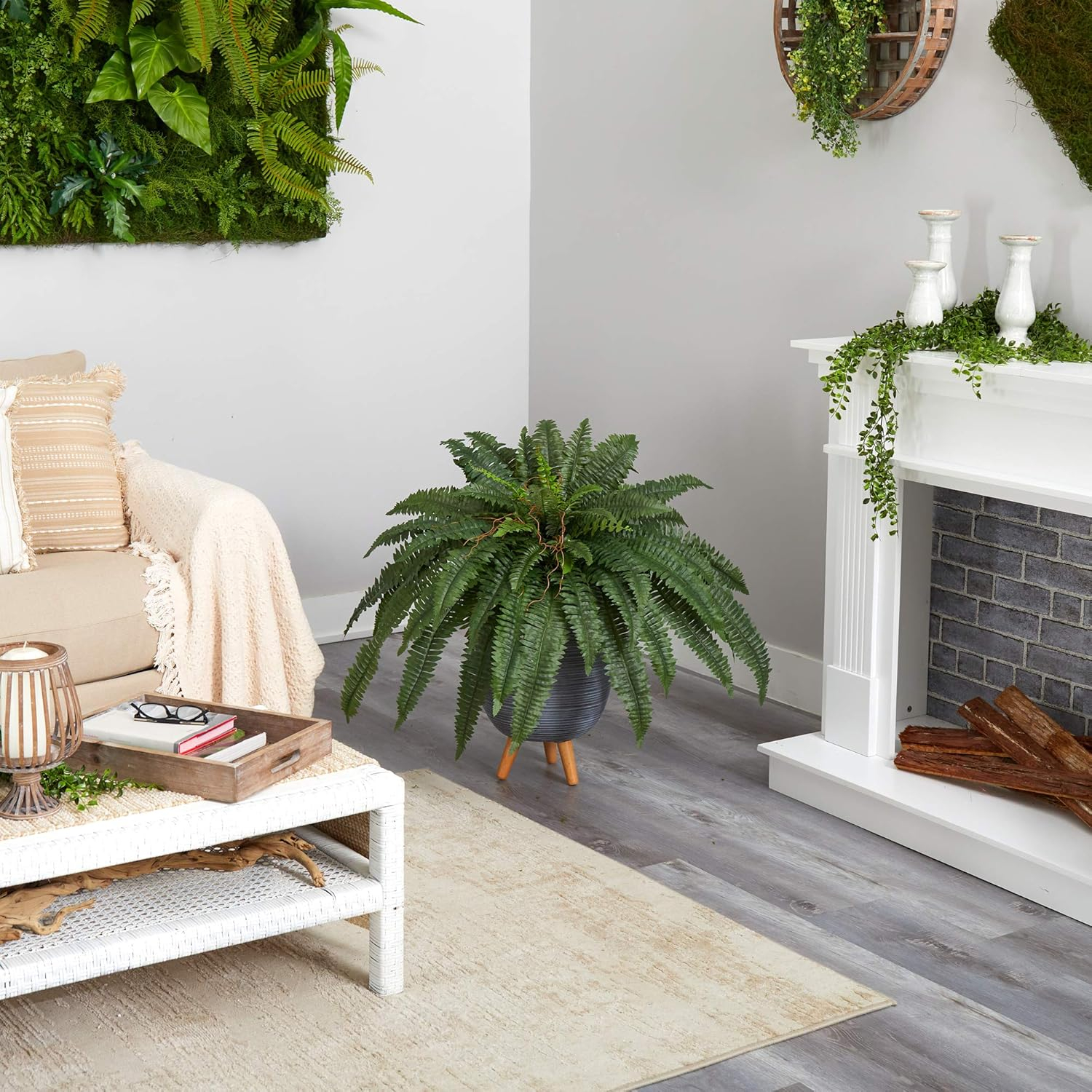 Nearly Natural 2.5ft. Boston Fern Artificial Plant in Gray Planter with Stand