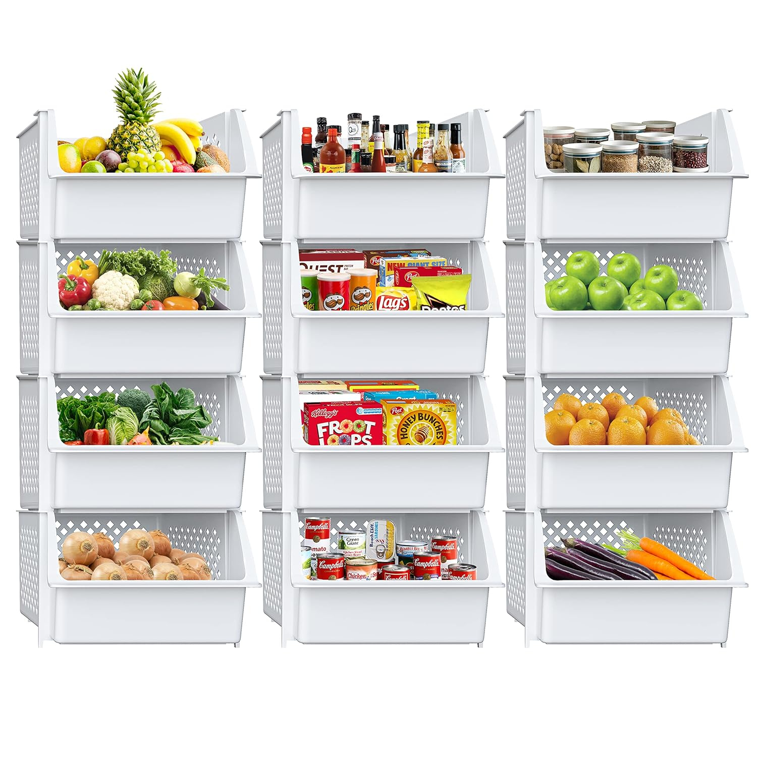 Skywin Plastic Stackable Storage Bins for Pantry - 12 Pack White Stackable Bins For Organizing Food, Kitchen, and Bathroom Essentials