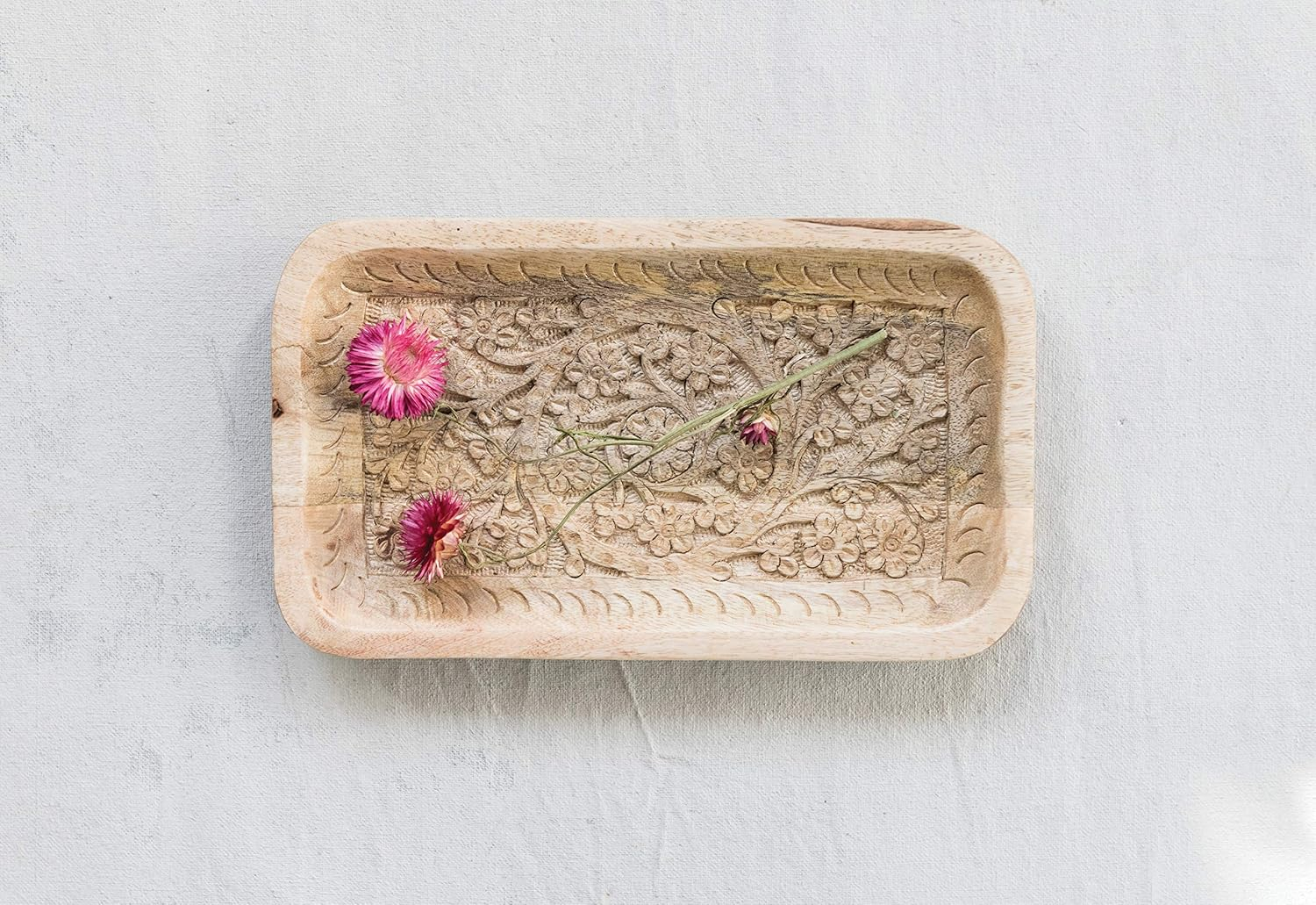 Creative Co-Op Handcarved Mango Wood Tray with Intricate Floral Designs
