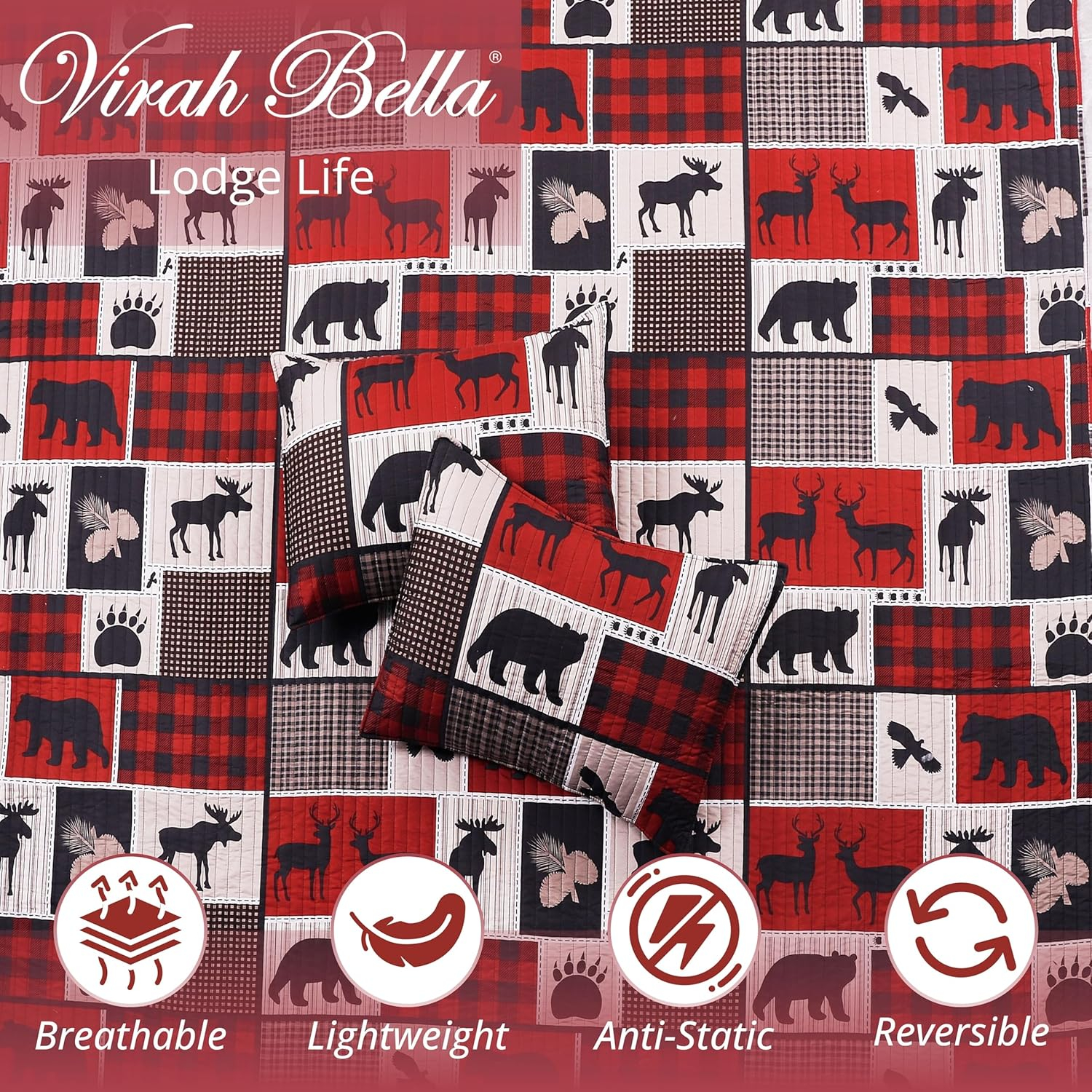 Lodge Life Moose, Deer, Bear Patchwork Rustic Quilt and Sham Set - Queen / Full Size