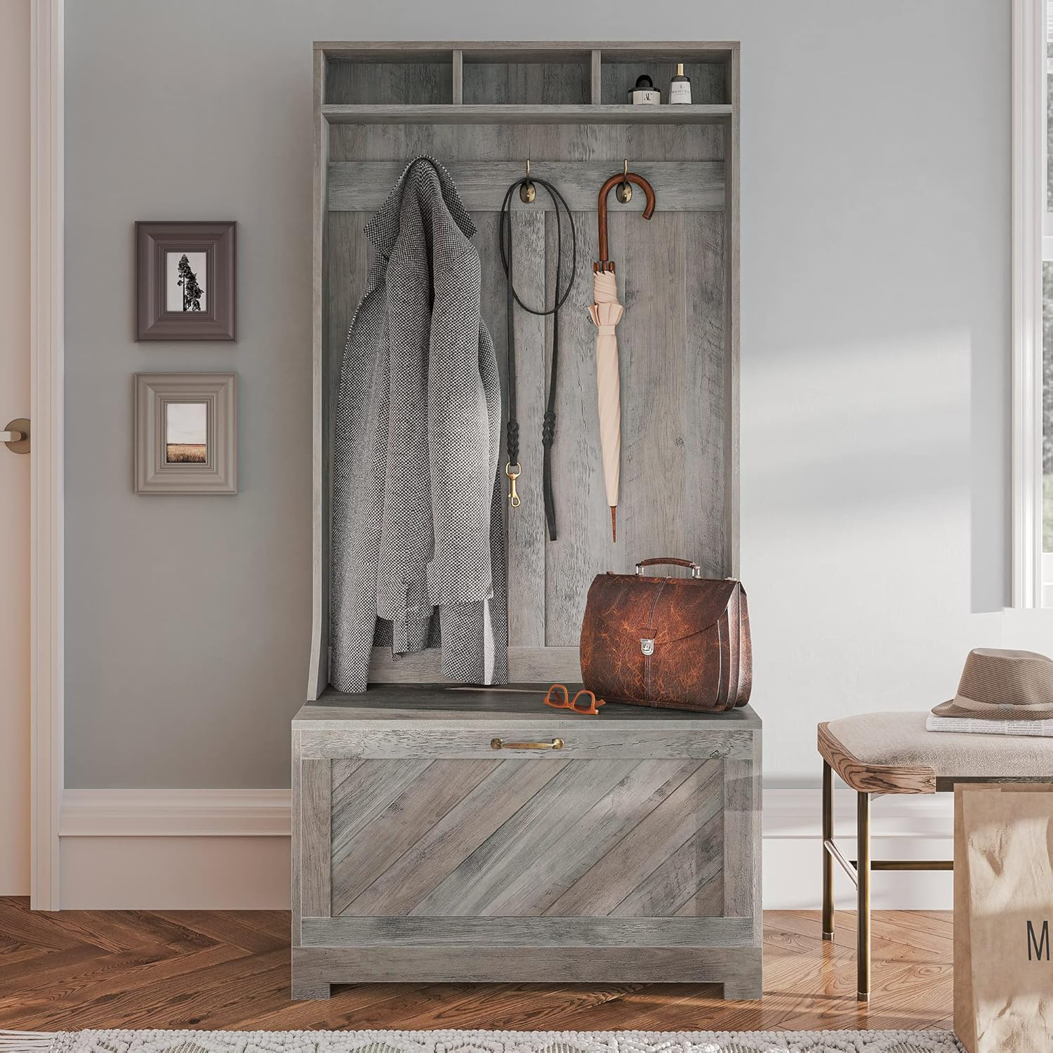 BELLEZE Hilo Hall Tree, 3-in-1 Coat Rack, Storage Bench, Shoe Rack, Gray Wash