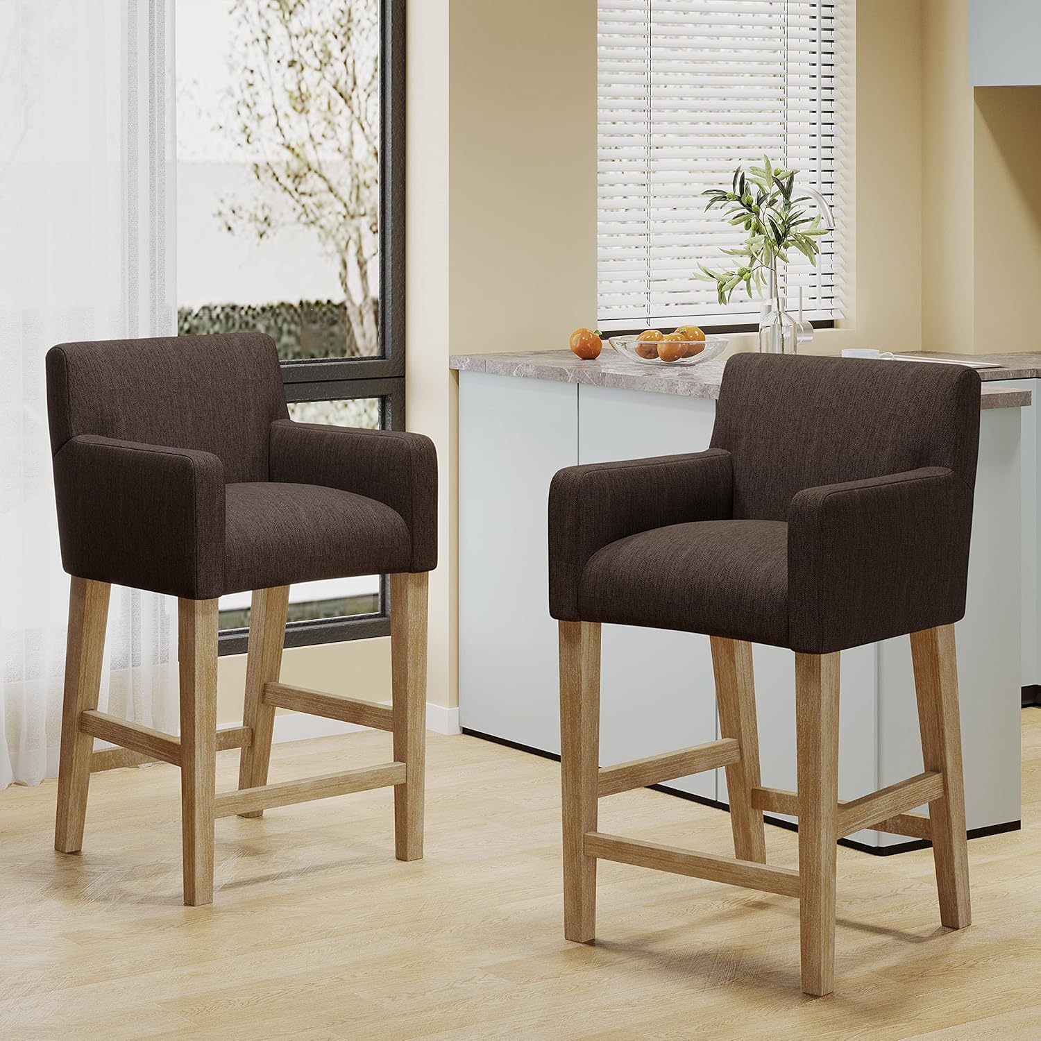 Brown Upholstered Wood Counter Stools with Armrests, Set of 2