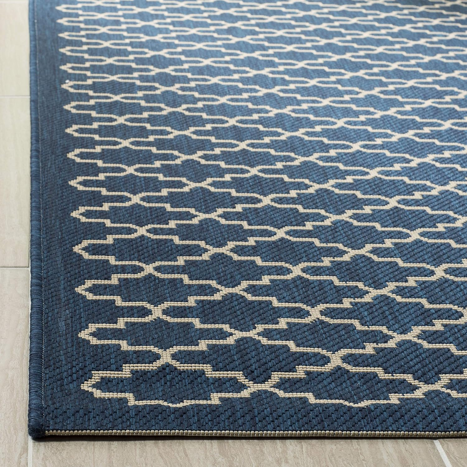 SAFAVIEH Courtyard Hilbert Trellis Indoor/Outdoor Area Rug, 7'10" x 7'10" Square, Navy/Beige