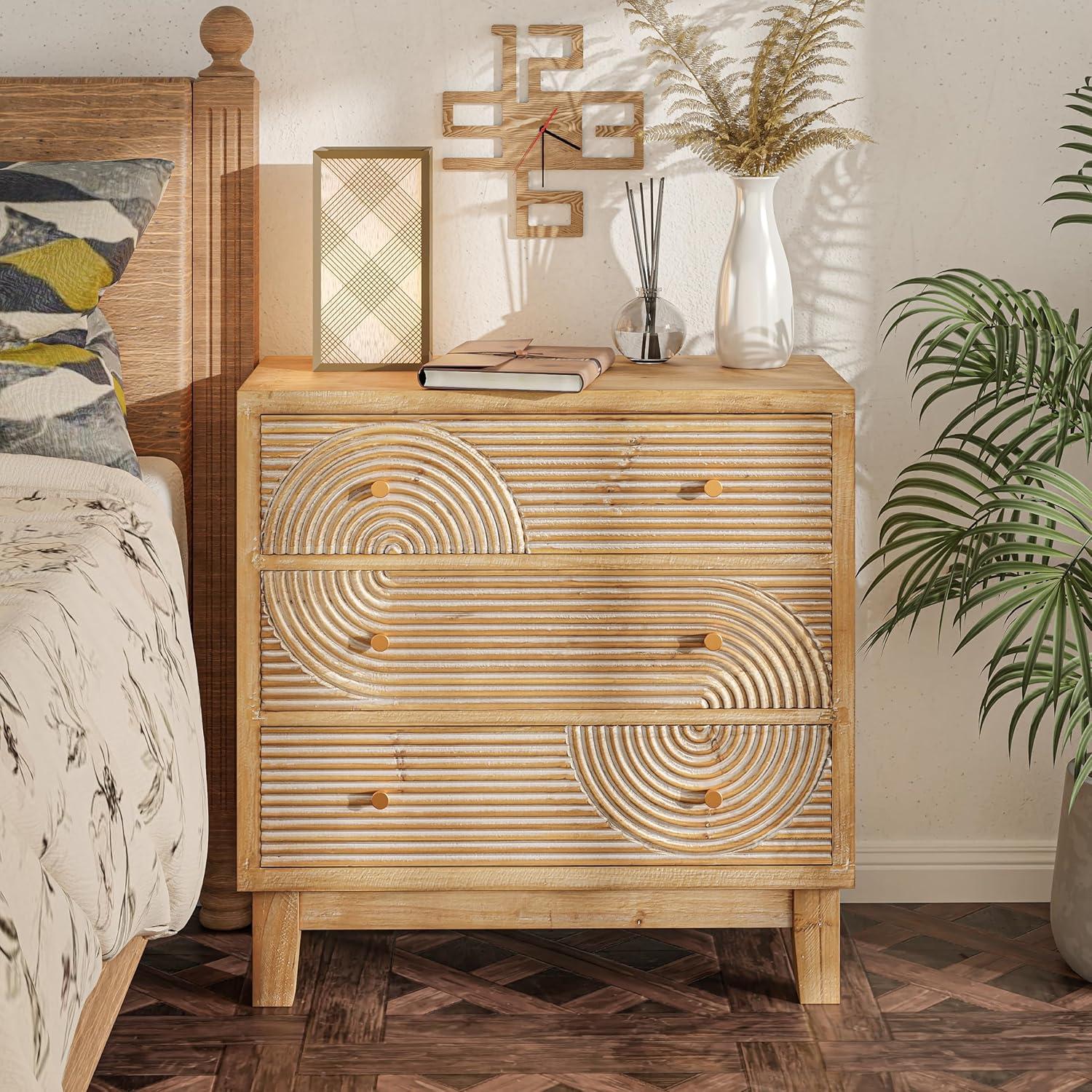 COZAYH 3-Drawer Farmhouse Dresser with Handicraft Wood Ring Motif, Fully Assembled Nightstand Wooden Finish for Boho, Mid-century, Rustic Style, Natural Wood