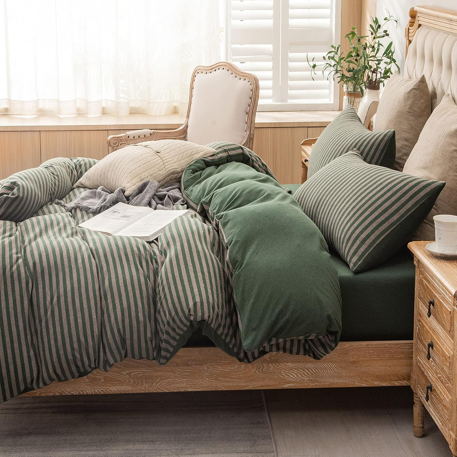 PURE ERA Forest Green Stripe Reversible 100% Jersey Cotton Duvet Cover bedding Set Soft Washable( Queen Size)