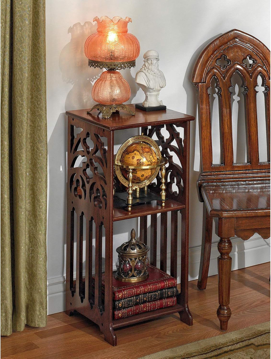 Design Toscano Thomas Aquinas Gothic Tracery Bookcase Side Table, 15 inches Wide, 31 inches Tall, Hardwood, Walnut Finish