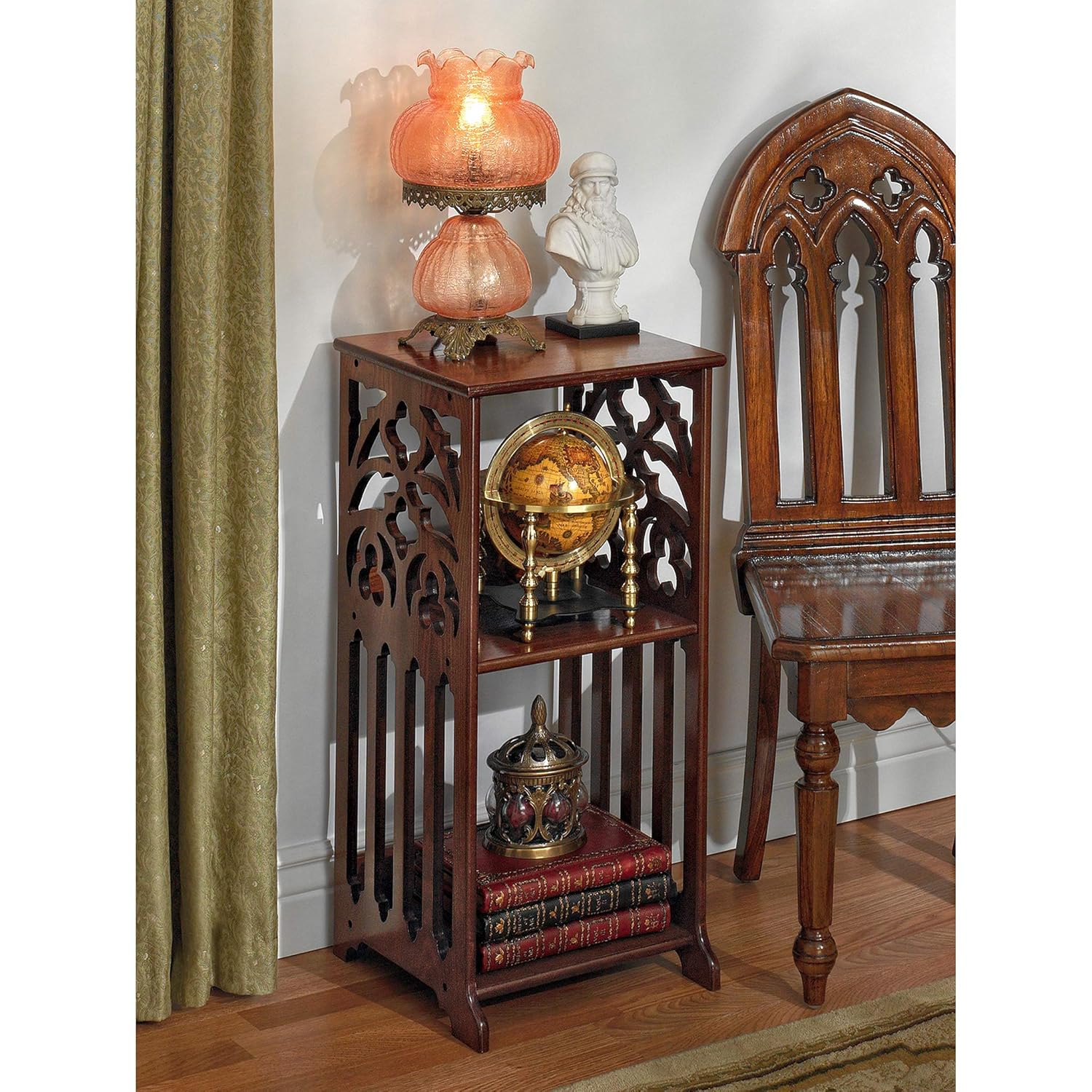 Design Toscano Thomas Aquinas Gothic Tracery Bookcase Side Table, 15 inches Wide, 31 inches Tall, Hardwood, Walnut Finish
