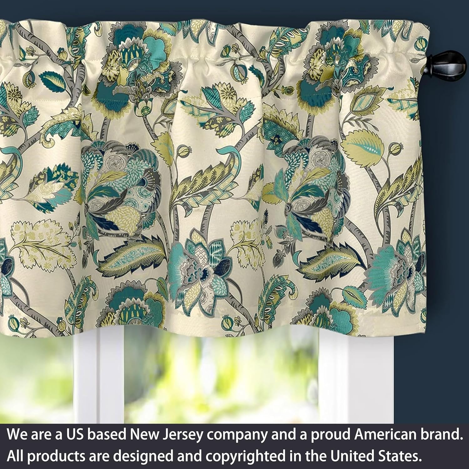 DriftAway  Layla Classic America Style Floral Leaves Room Darkening Window Curtain Valance Rod Pocket Eggshell Teal 52" width x 18 " length 2 pack