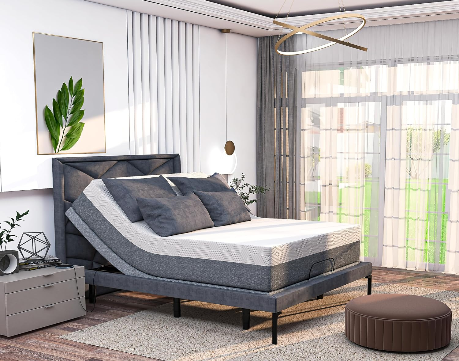 Renanim Premium Adjustable Bed Base + 12" Full, Hybrid Foam Mattress, Dual Massage, USB Ports, App Control, Underbed Light & Wireless Remote