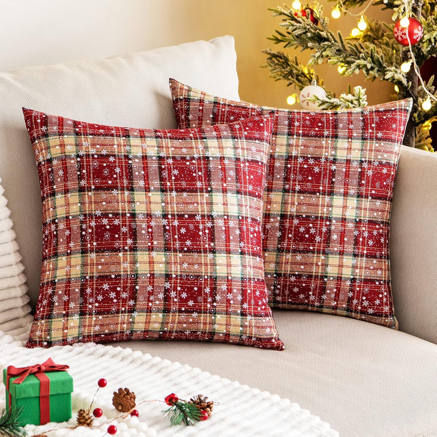 Red and Beige Tartan Plaid Snowflake 18" Polyester Euro Pillow Covers