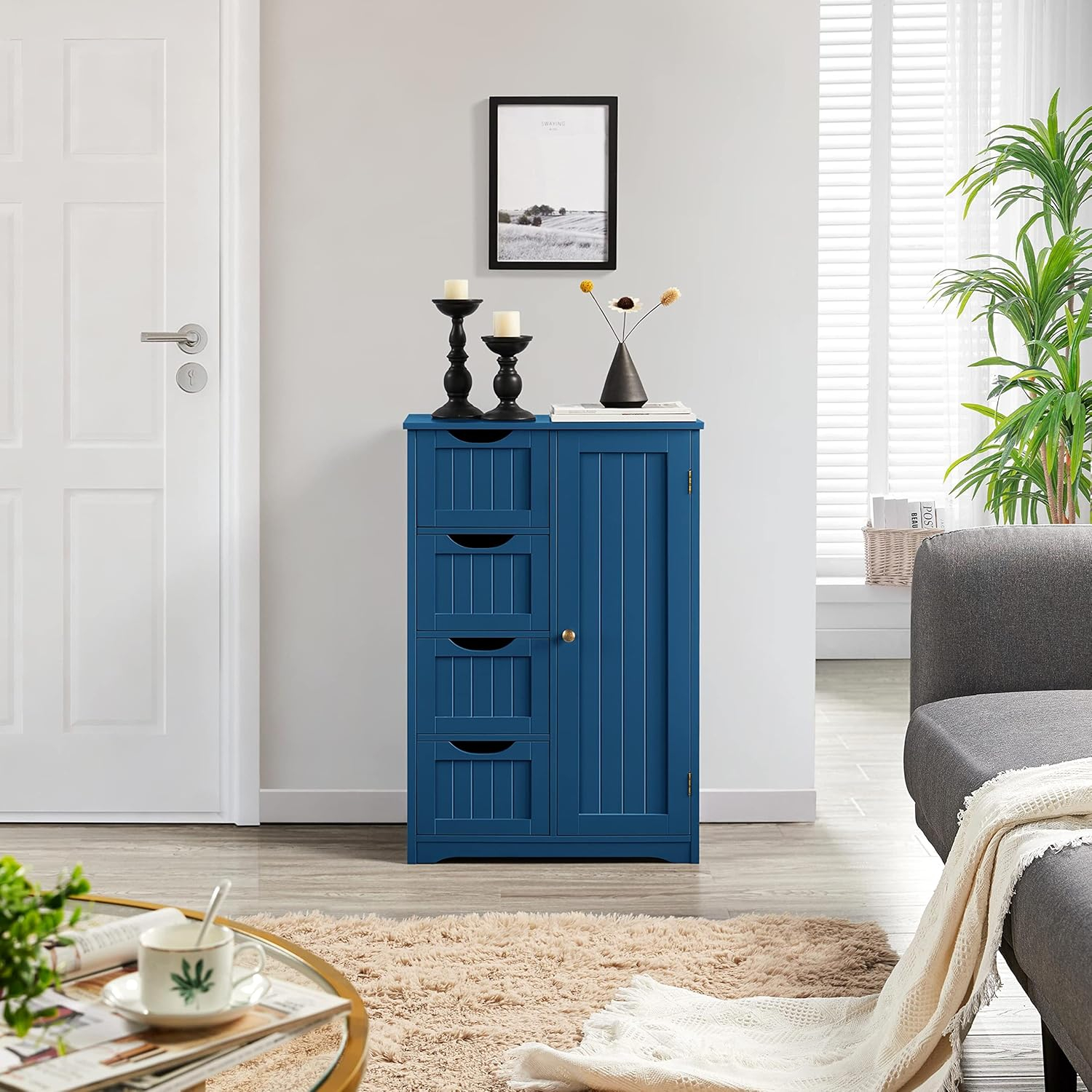 Topeakmart Wooden Bathroom Floor Cabinet, Free Standing Side Cabinet w/4 Drawers & 3 Tier Cupboard Storage Organizer Unit for Hallway/Entryway, Navy Blue