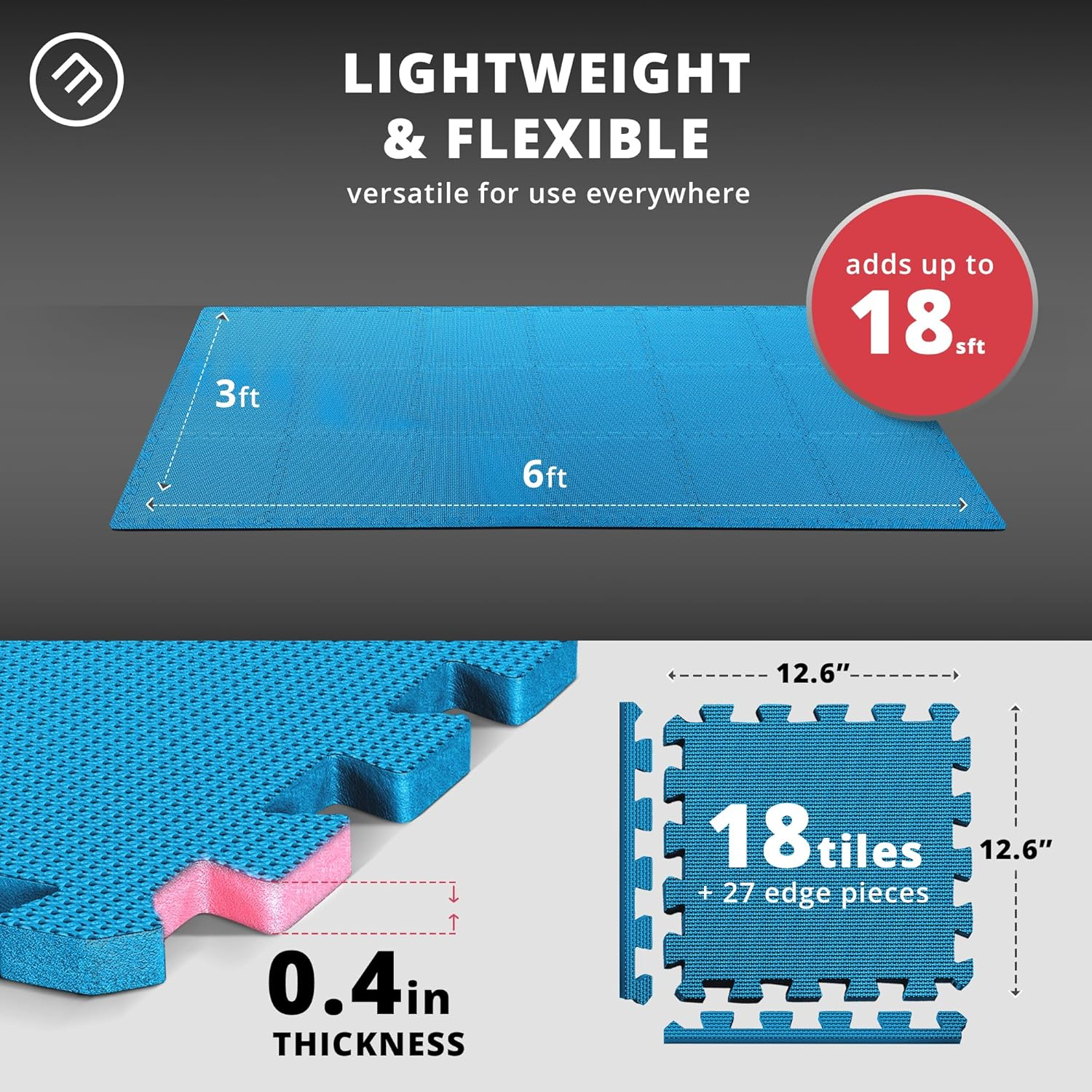 Gym Flooring Set - Interlocking EVA Soft Foam Floor Mat, 18 Pieces Puzzle Rubber Tiles Protective Ground Surface Protection, Play Workout Exercise Mats Underlay Matting Sports Pool Home Fitness Garage